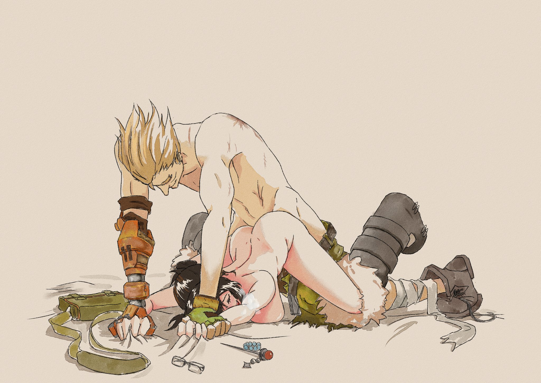 1boy, 1girls, blonde hair, breast press, breasts, brown hair, female, glasses, junkrat, male, mei (overwatch), overwatch, overwatch 2, rock 514, sheet grab, sheets, straight, tagme