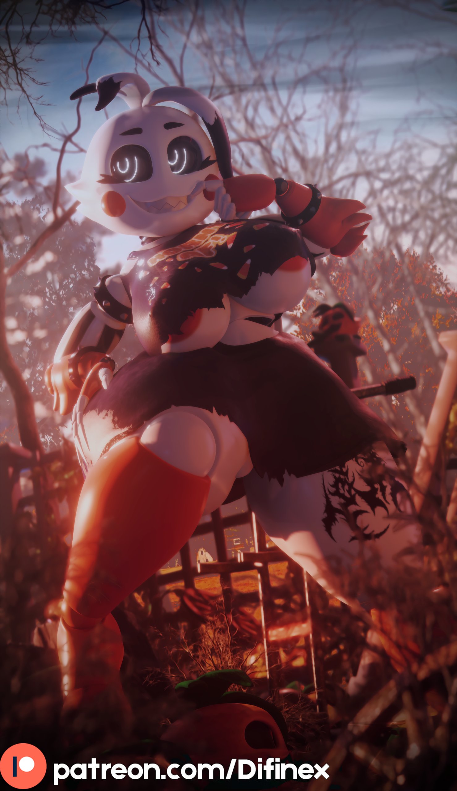 3d, 3d (artwork), blender, breasts, clothed, difinex, female, five nights at freddy's, fnaf, huge breasts, patreon, smiling, solo, standing, thick thighs, toy chica (fnaf), underboob