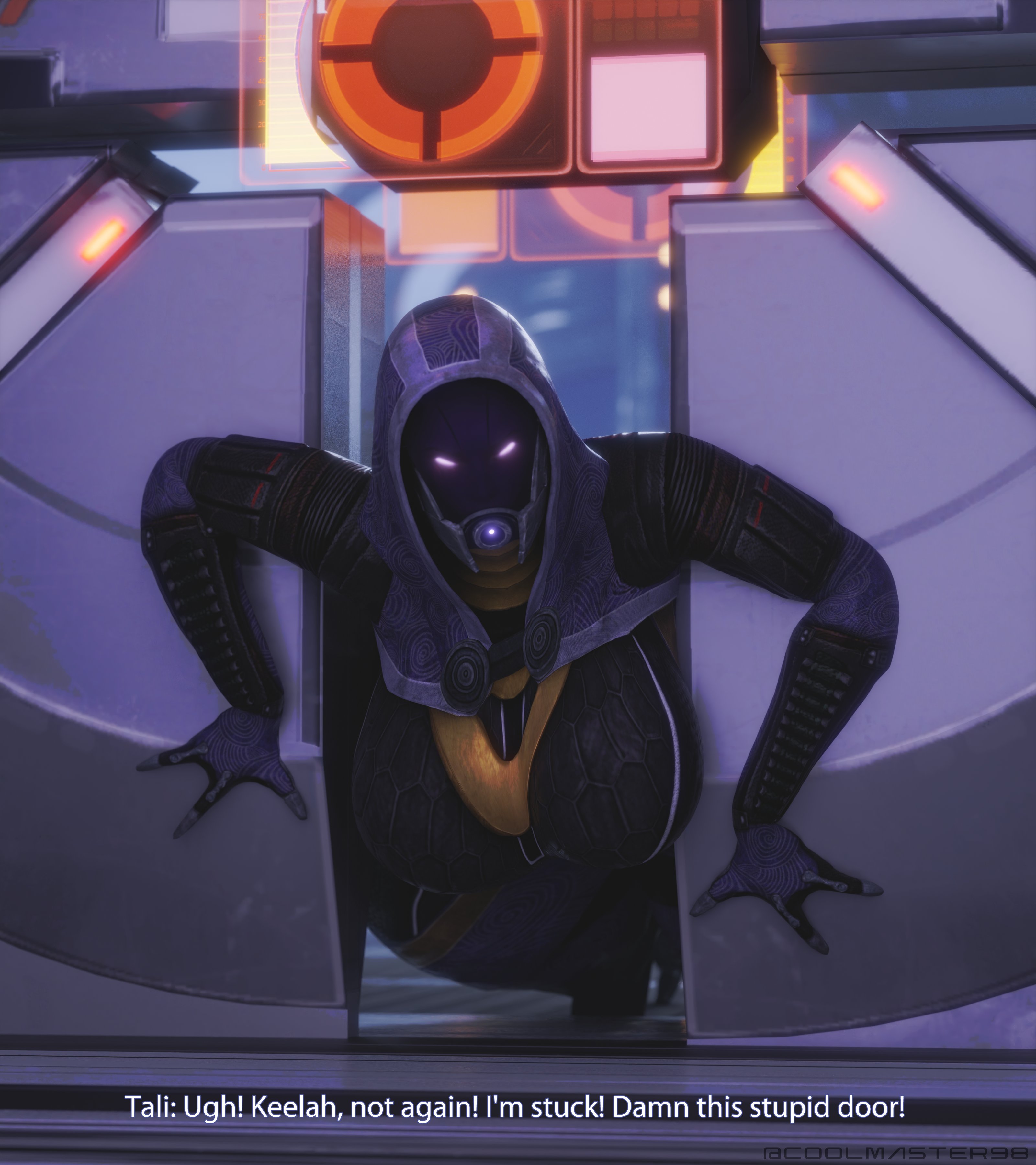1girls, 3d, alien, alien girl, angry, big breasts, bodysuit, breasts, coolmaster98, female, female only, fully clothed, mass effect, mass effect 3, quarian, solo, stuck, stuck in door, tali'zorah nar rayya