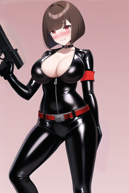 1girls 2d aged_up ai_generated alternate_universe armband belt big_breasts blush brown_hair catsuit chara cleavage embarrassed female female_only holding_gun latex mercenary nai_diffusion red_eyes solo stable_diffusion undertale undertale_(series)