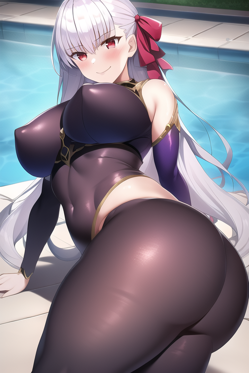 1girls, ai generated, ass, bodysuit, breasts, fate (series), fate/grand order, female, female only, from behind, hair ribbon, huge ass, kama (fate/grand order), large breasts, long hair, looking at viewer, looking down, nai diffusion, purple eyes, shiny, shiny clothes, shiny hair, sideboob, skin tight, smile, solo, stable diffusion, thick thighs, very long hair, white hair