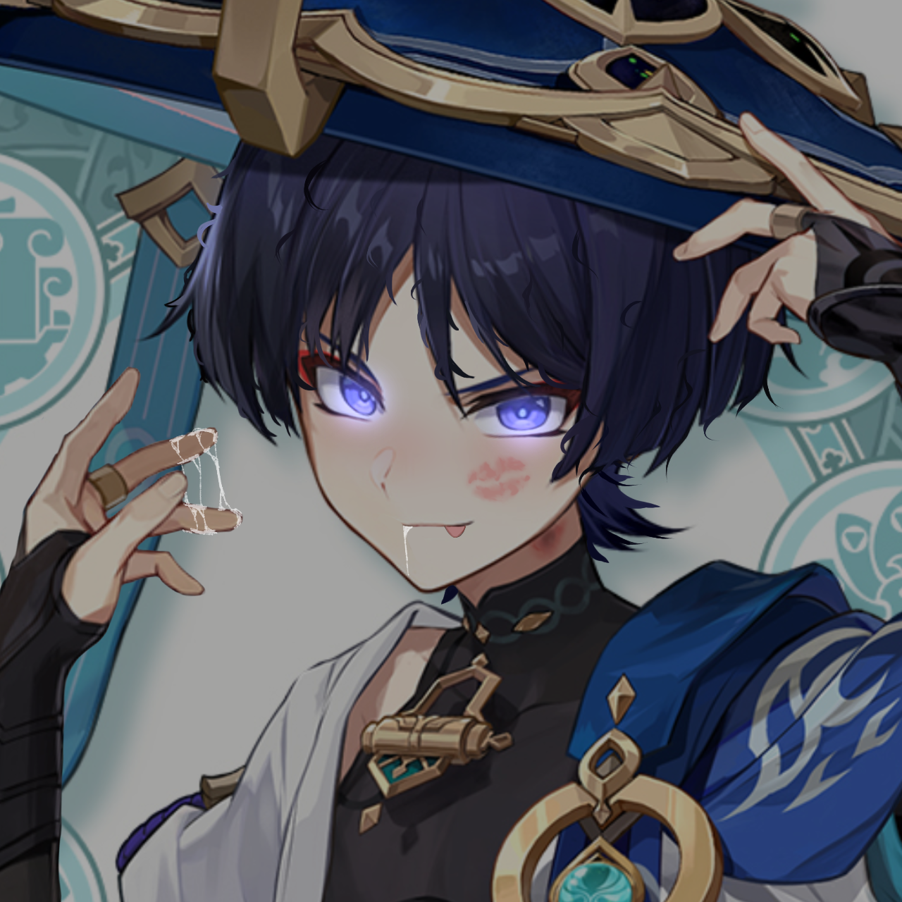 bowl cut, cum, cum on fingers, edit, fingers, genshin impact, hands, hat, horny, kiss mark, male, male focus, male only, purple eyes, purple hair, scaramouche (genshin impact), tongue