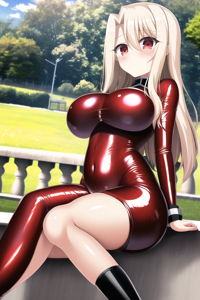 1girls, ai generated, alternate breast size, big breasts, breasts, fate (series), female, female only, illyasviel von einzbern, large breasts, latex, latex suit, long hair, looking at viewer, nai diffusion, oppai, park, sitting, solo, stable diffusion, thick thighs, white hair