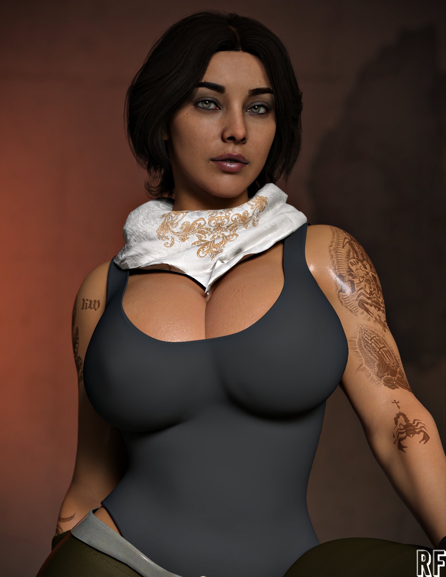 1girls, 3d, big breasts, breasts, brown hair, call of duty, call of duty modern warfare 2 (2022), cleavage, female, green eyes, hazel eyes, rude frog, solo, tan body, tan skin, tan skinned female, tan-skinned female, tattoo, valeria garza