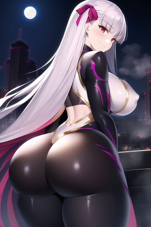 1girls, ai generated, ass, bodysuit, breasts, fate (series), fate/grand order, female, female only, from behind, hair ribbon, huge ass, kama (fate/grand order), large breasts, long hair, looking at viewer, looking down, nai diffusion, purple eyes, shiny, shiny clothes, shiny hair, sideboob, skin tight, smile, solo, stable diffusion, thick thighs, very long hair, white hair