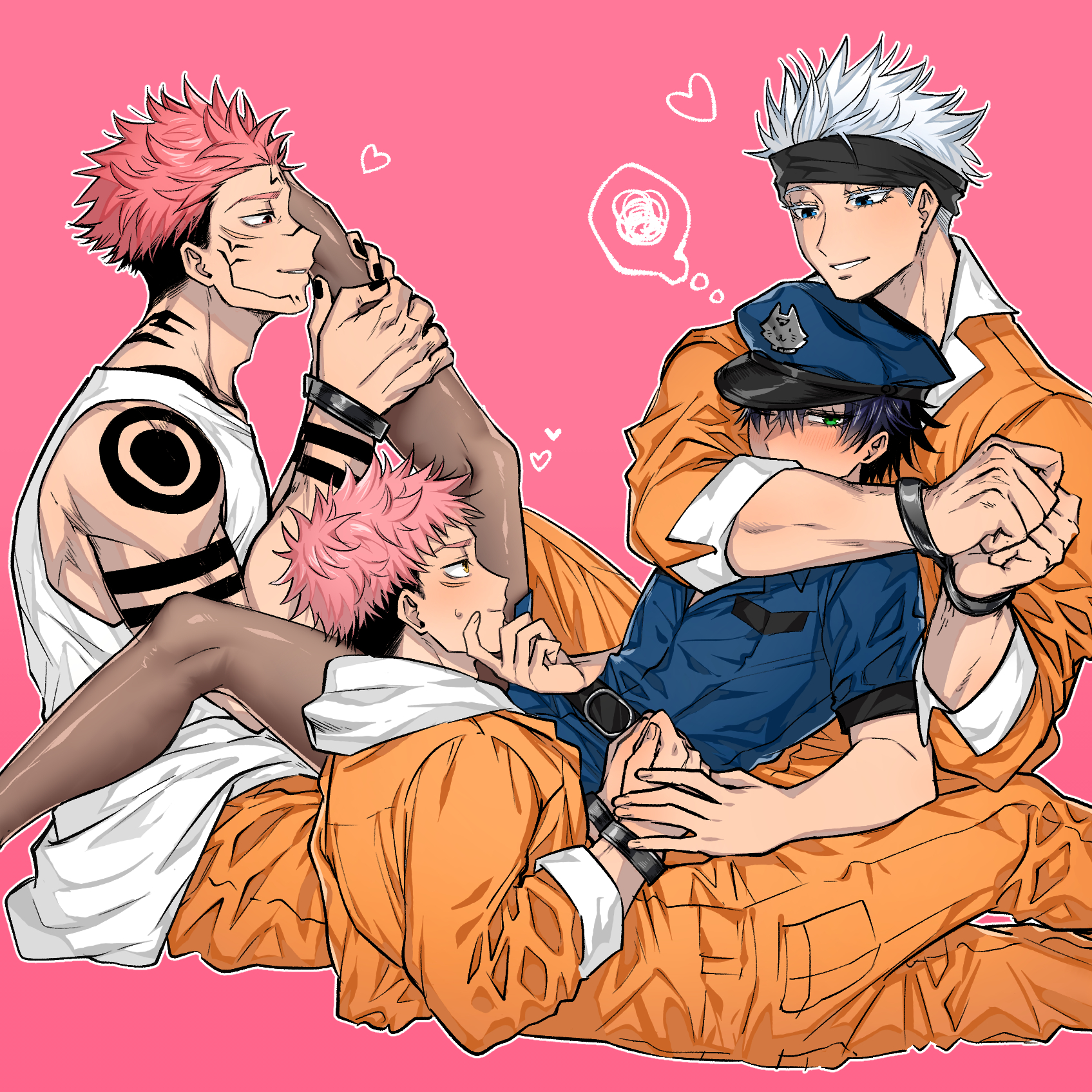 4boys, blue eyes, crossdressing, crossdressing male, femboy, fushiguro megumi, green eyes, group, handcuffed, handcuffs, harem, hugging, iinikukuiita, imminent gangbang, itadori yuuji, jujutsu kaisen, leg grab, leg up, male, male only, multiple boys, multiple males, orange clothing, pantyhose, pink hair, police hat, police uniform, prison clothes, prison uniform, prisoner, ryoumen sukuna (jujutsu kaisen), satoru gojo, tattoos, white hair, yaoi
