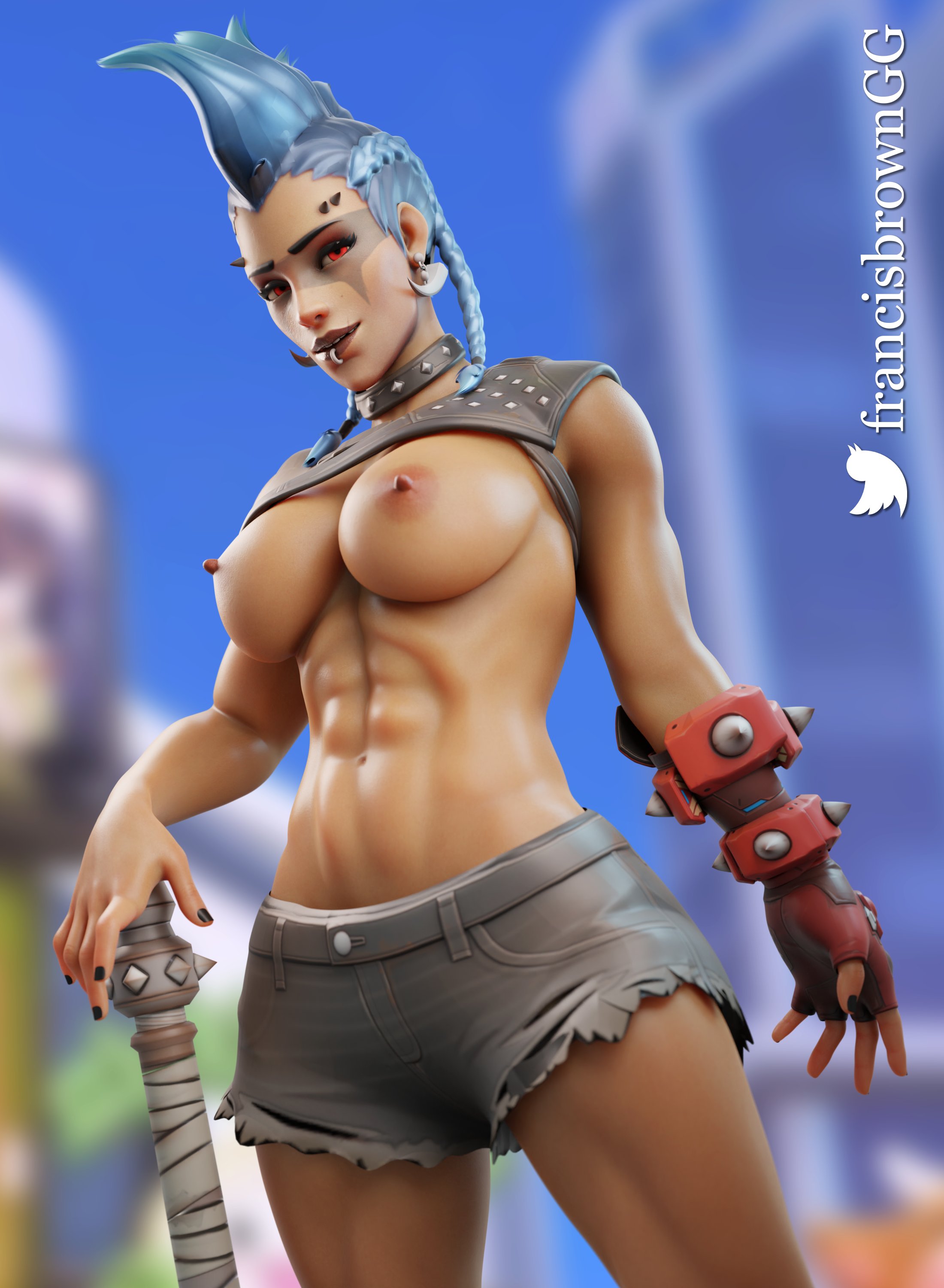 1girls, 3d, abs, big breasts, breasts, female, francis brown, junker queen, muscular, muscular female, overwatch, overwatch 2, piercing, piercings