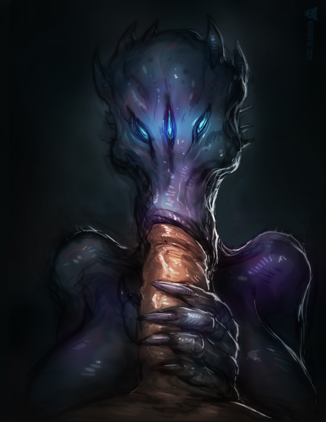 alien, alien girl, big breasts, blowjob, breasts, claws, fellatio, female, human, human penetrating, light skin, light-skinned male, male, monster girl, neurodyne, purple skin, sleep paralysis demon