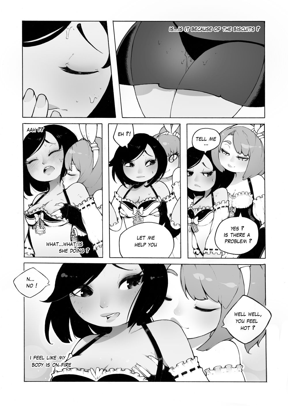 2girls areolae black_and_white breast_grab comic comic_page hourglass_figure hse kissing medium_breasts original_character original_characters panties plant pussy_juice short_hair soft_shading tentacle text thighs yuri