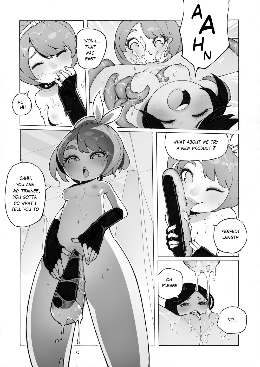 2girls arm_grab arms_behind_back black_and_white blush bob_cut breast_grab breasts clitoris closed_eyes comic comic_page dark_skin elbow_gloves erect_nipples female female_focus gloves hips hourglass_figure hse labia medium_breasts navel nipples nude original_character original_characters plant puffy_nipples pussy pussy_juice pussy_juice_trail questionable_consent restrained shaved_pussy shiny short_hair sideboob soft soft_shading spread_legs tan tentacle text thighs yuri