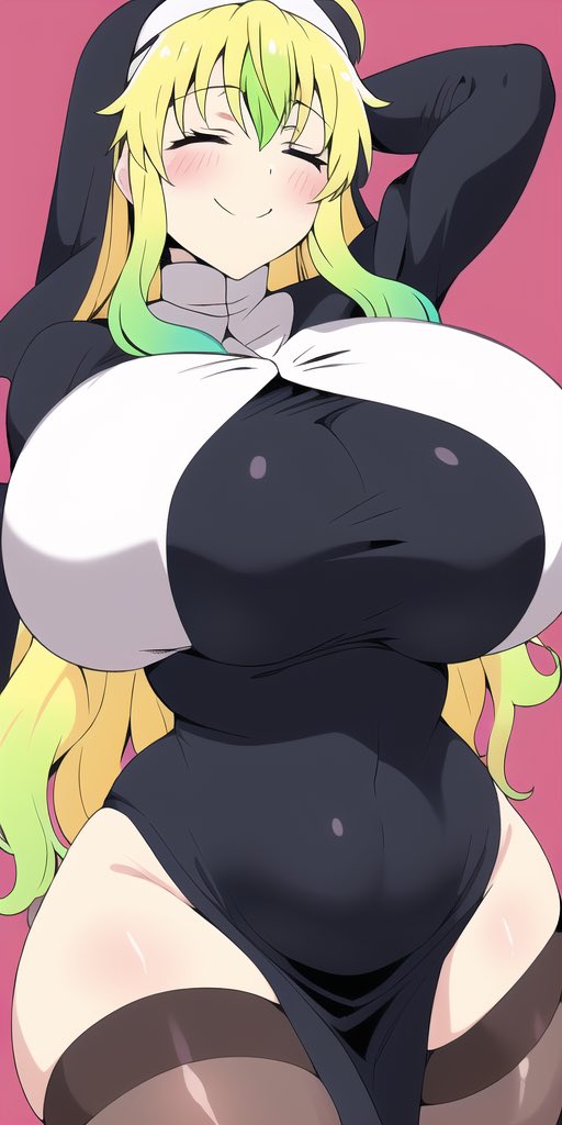 ai generated, armpits, big breasts, blush, breasts, cute, female, lucoa, lucoa (maidragon), miss kobayashi's dragon maid, nai diffusion, nun, nun outfit, quetzalcoatl (dragon maid), stable diffusion, tagme (artist), thick thighs, thighs, yellow eyes