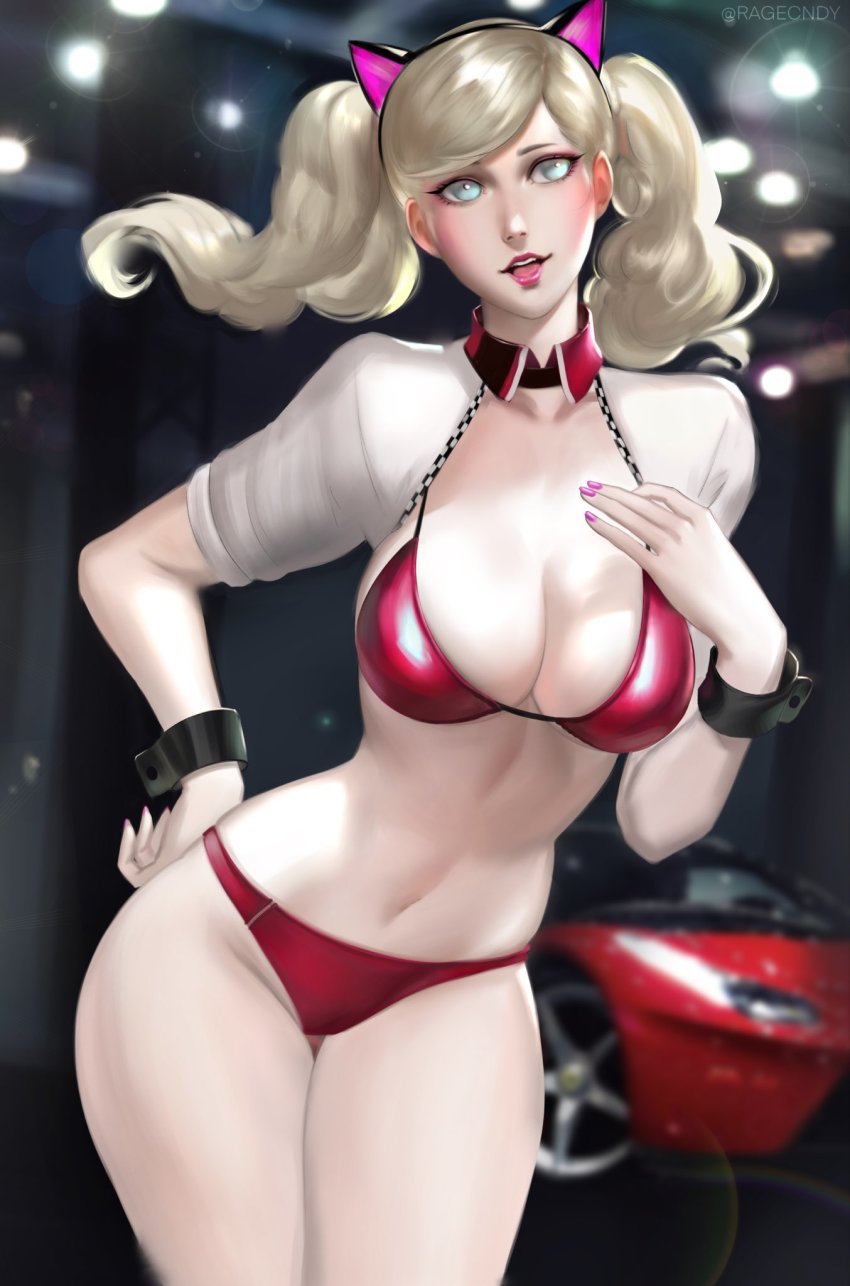 1girls alternate_costume ann_takamaki bikini blonde_hair blue_eyes blurry_background breasts car cat_ears cropped_jacket fake_animal_ears jacket large_breasts looking_at_viewer midriff navel open_jacket painted_fingernails persona persona_5 race_queen ragecndy red_bikini red_swimsuit swimsuit twintails white_jacket