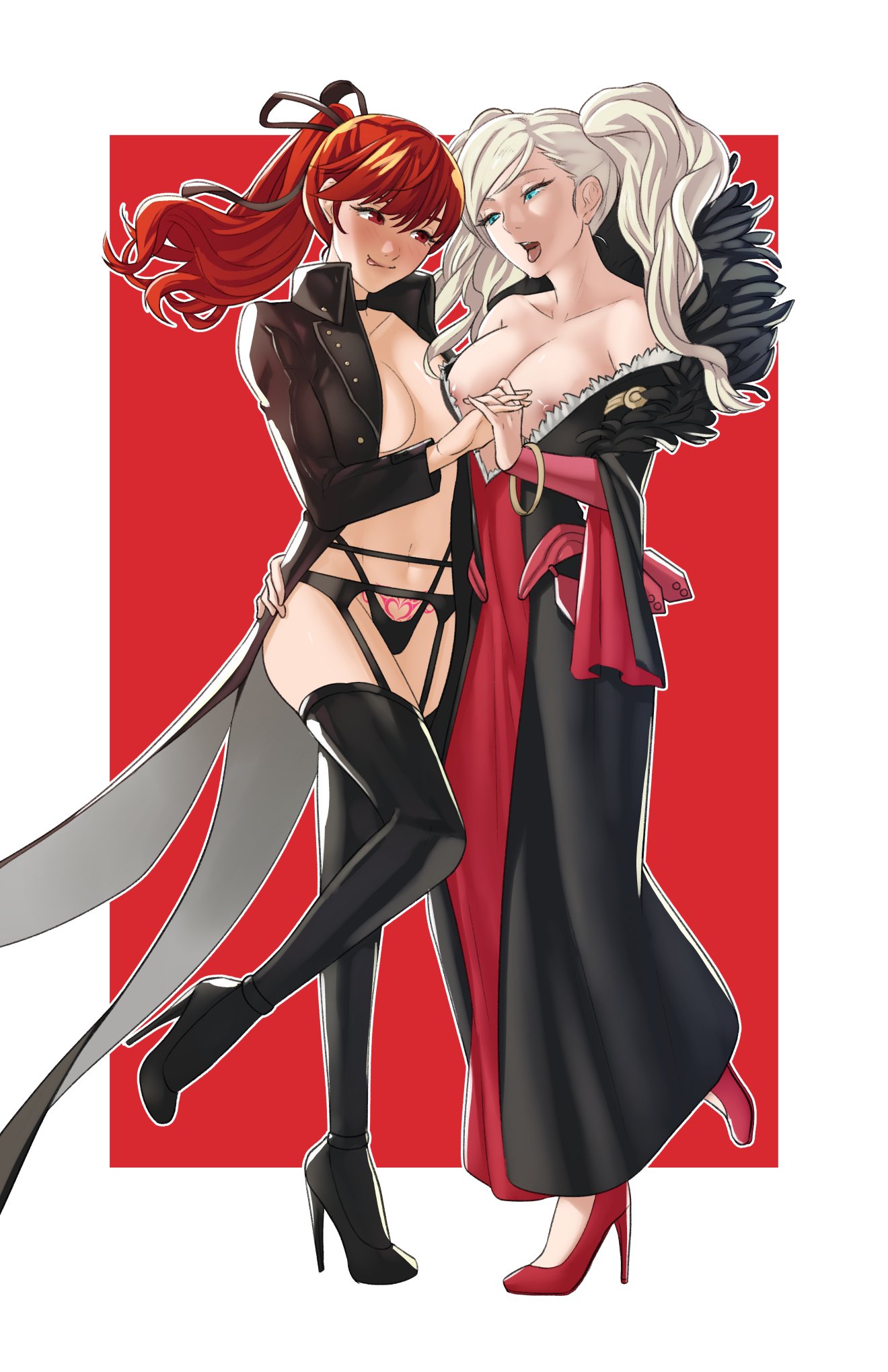 2girls, ann takamaki, bare shoulders, black panties, blonde hair, blue eyes, boots, breasts, cleavage, collarbone, female, female only, garter belt, high heels, holding hands, kasumi yoshizawa, large breasts, licking lips, long hair, medium breasts, medium hair, multiple females, multiple girls, naughty face, nipples, off shoulder, open mouth, panties, persona, persona 5, pomelomelon, ponytail, pubic tattoo, red eyes, red hair, shoulders, sumire yoshizawa, tattoo, thigh boots, tongue, tongue out, twintails, underwear, yuri