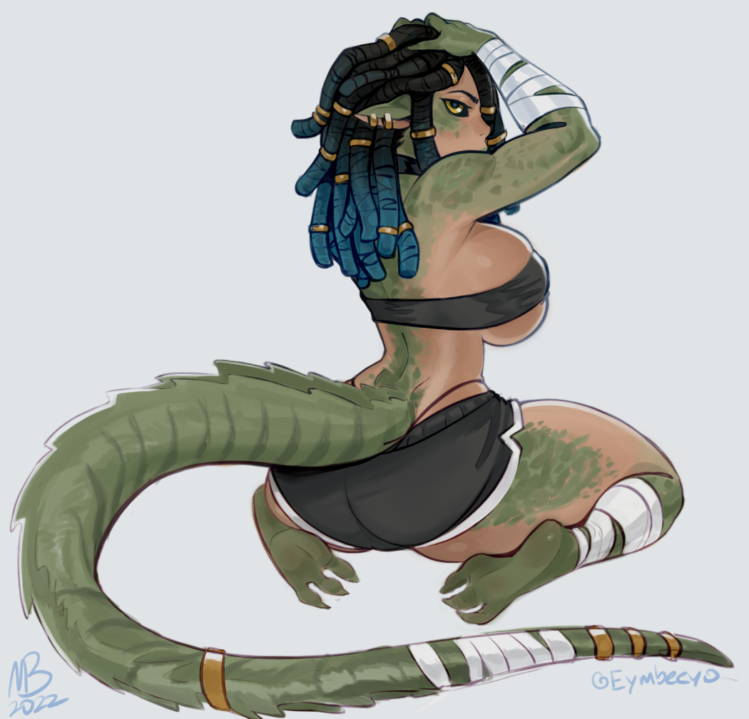 1girls 2022 3_toes anthro ass back_view bandaged_arm bandaged_leg bandaged_tail big_breasts black_hair black_sclera blue_highlights buwaya_(perrincatte) countershading crocodile_tail crocodilian dreadlocks earrings eymbee female female_only green_skin hands_on_head kneeling light_skin looking_at_viewer looking_back original pointy_ears shorts sideboob solo tail tail_ring thick_thighs topwear white_background yellow_eyes