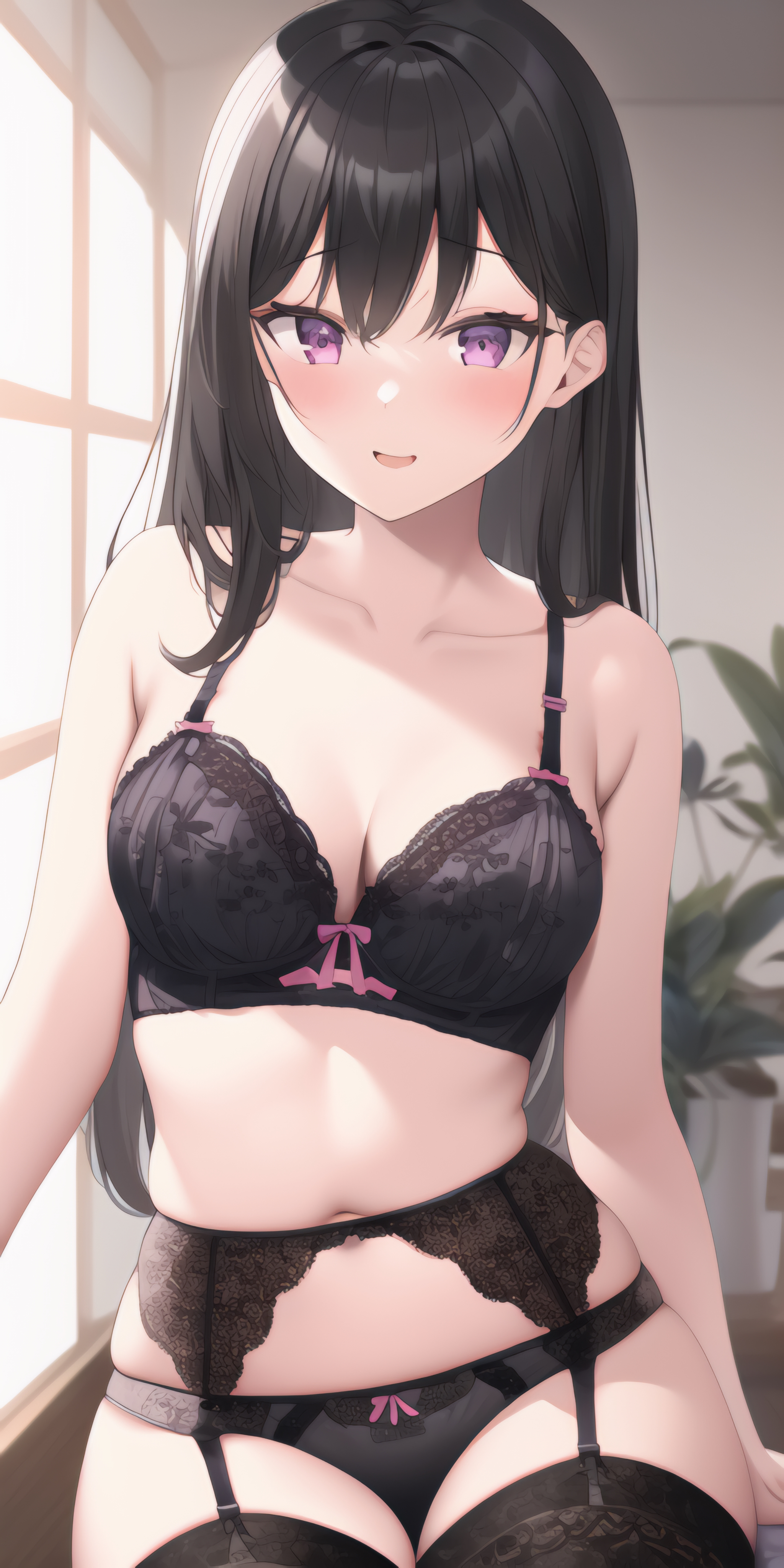 1girls, ai generated, black hair, blush, bra, breasts, cleavage, female, female only, garter belt, garter straps, light skin, light-skinned female, lingerie, long hair, looking at viewer, nai diffusion, original, original character, pale skin, pale-skinned female, panties, purple eyes, seductive, seductive look, solo, solo female, stable diffusion, thick thighs, thighhighs, underwear