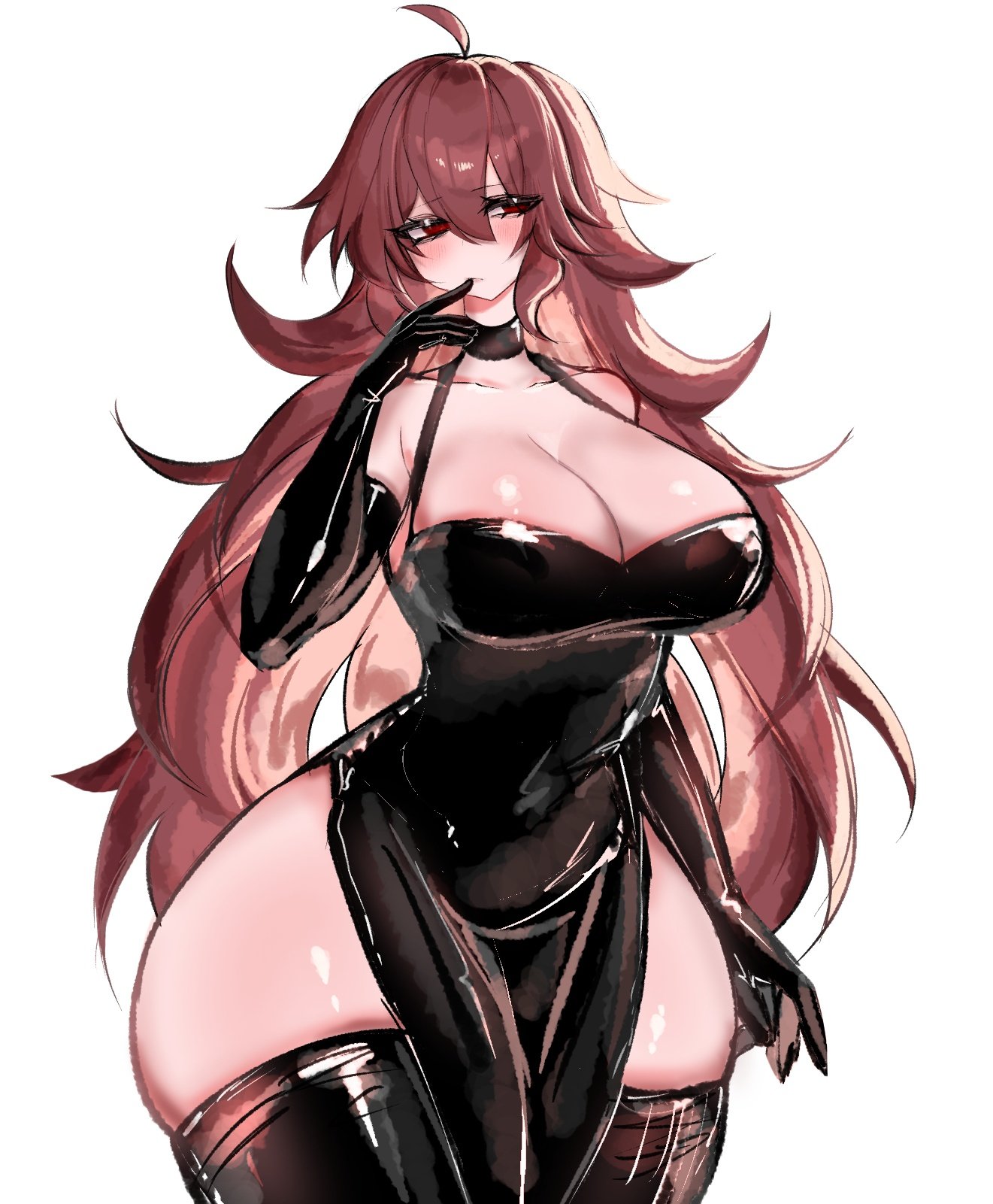 1girls, ahoge, big breasts, breasts, elbow gloves, female, friday night funkin, girlfriend (friday night funkin), large breasts, long hair, red eyes, simple background, thick thighs, thighhighs, usa37107692, white background, wide hips