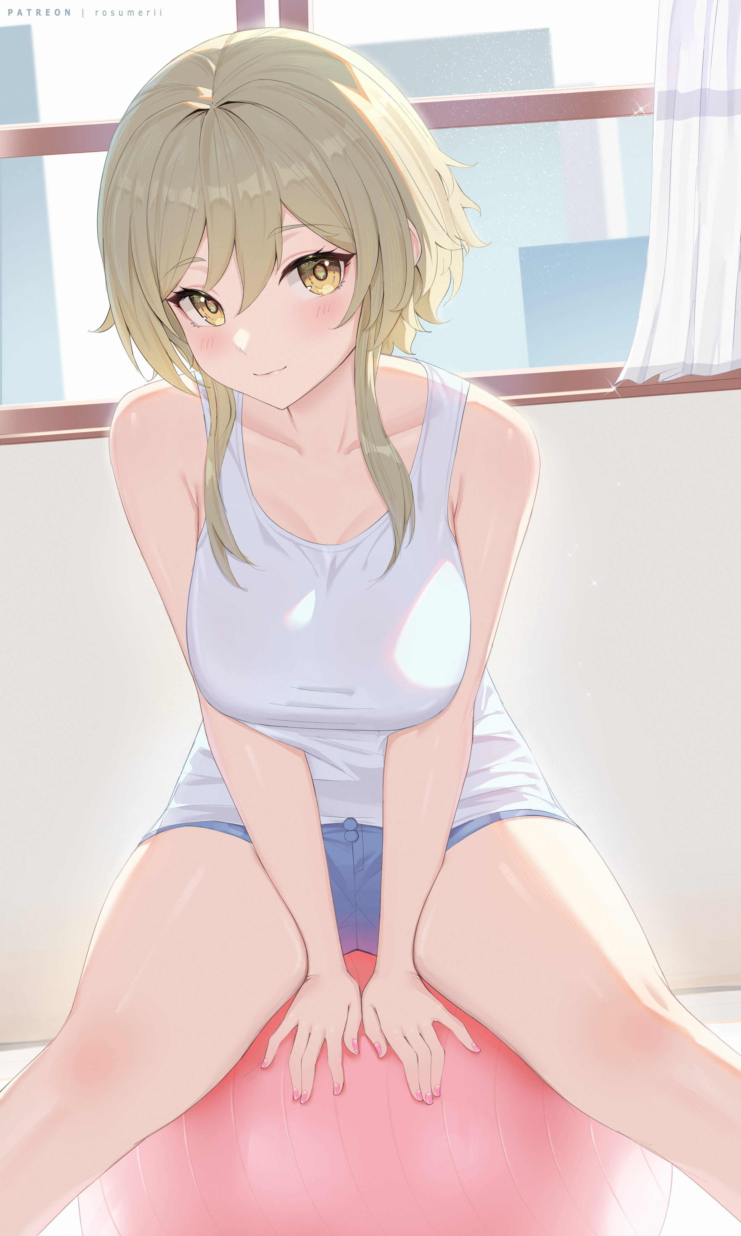 1girls, blonde hair, blush, breasts, exercise ball, female, genshin impact, gold eyes, hi res, large breasts, long hair, lumine (genshin impact), rosumerii, short shorts, shorts, smile, sportswear, tank top, thighs