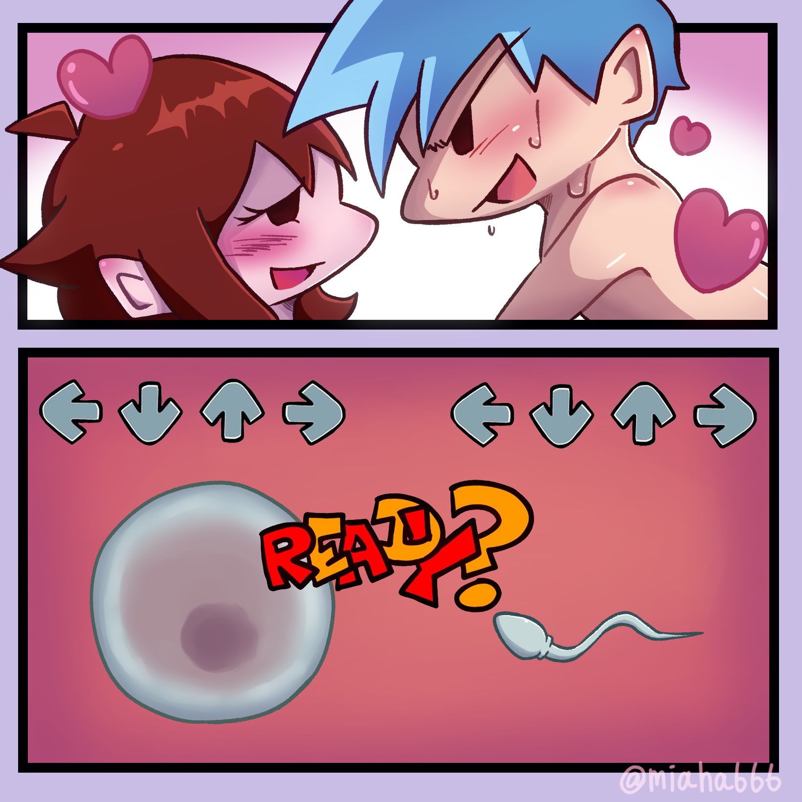 1boy, 1girls, auburn hair, bed, blue hair, boyfriend (friday night funkin), female, friday night funkin, funny, gameplay mechanics, girlfriend (friday night funkin), humor, imminent impregnation, implied creampie, impregnation, long hair, male, miaha666, ovum, short hair, sperm cell, wholesome