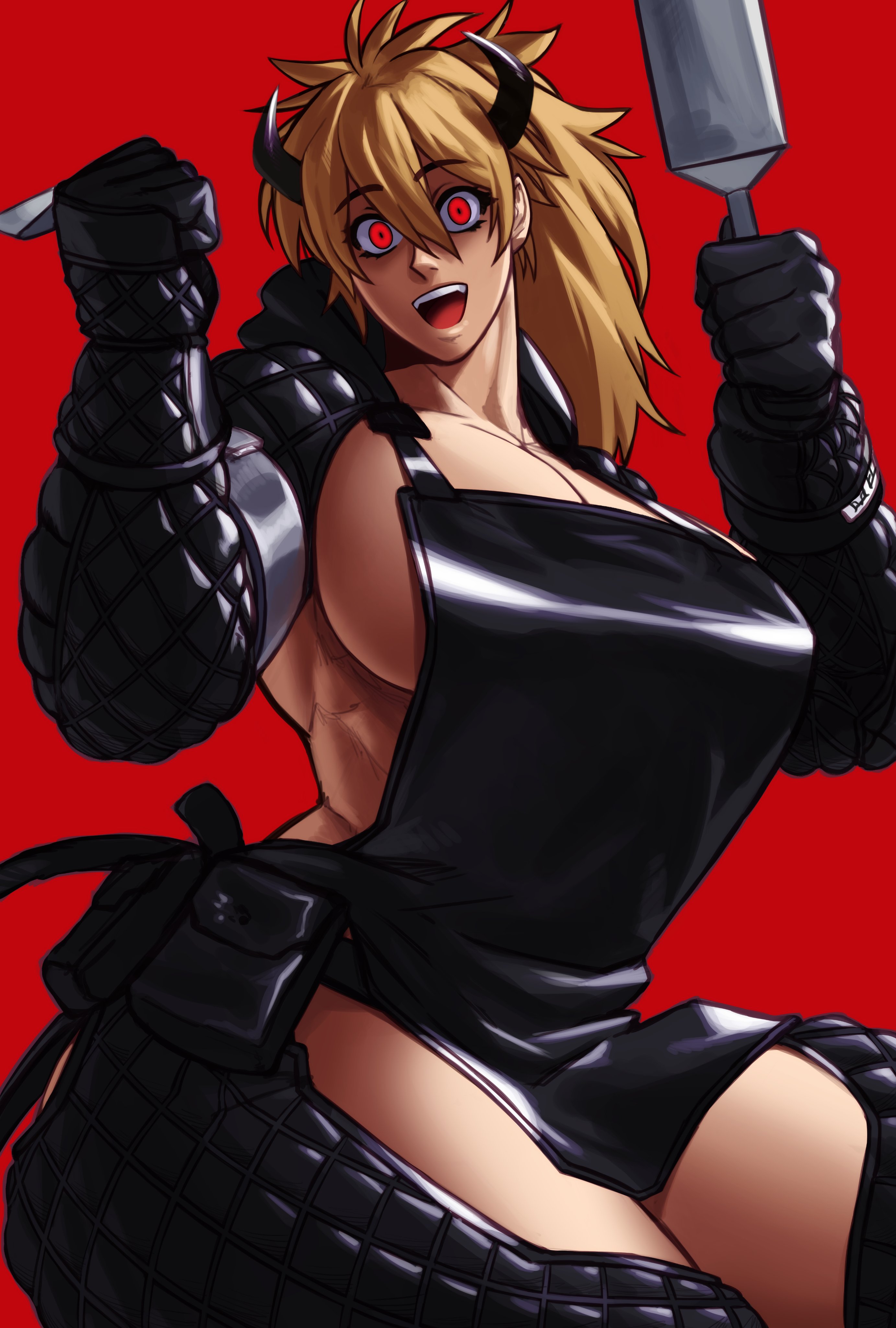 1girls, absurd res, apron, black gloves, blonde hair, breasts, cleavage, dorohedoro, female, gloves, hi res, holding object, horns, huge breasts, long hair, looking at viewer, muscular, muscular female, nikaidou (dorohedoro), open mouth, red background, red eyes, sideboob, simple background, solo, sotcho, thick thighs