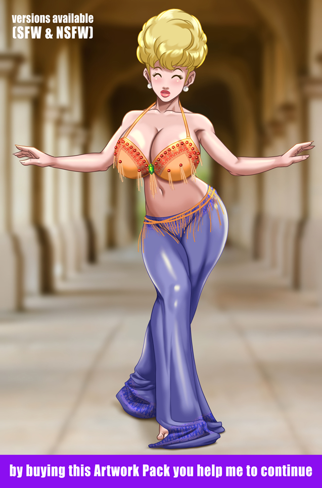 belly dancer, belly dancer outfit, blonde hair, breasts, cleavage, closed eyes, dragon ball, dragon ball z, female, female only, harem girl, harem outfit, harem pants, huge breasts, milf, panchy, panchy (dragon ball), panchy briefs, voluptuous, xkorner