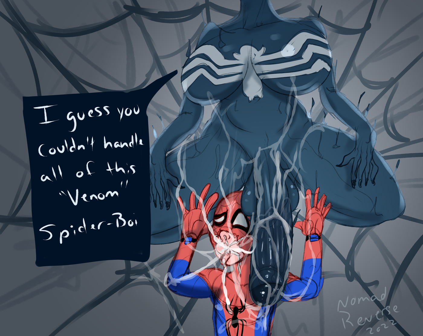 1boy, 1futa, big penis, cum, cum explosion, cum in mouth, cum overflowing, excessive cum, faceless character, faceless futa, futa on male, futa sans pussy, futanari, huge cock, human, human on humanoid, humanoid, intersex, interspecies, light skin, light-skinned male, male, marvel, marvel comics, monster cock, nomad reverse, penis, peter parker, she-venom, sketch, spider-man, spider-man (series), unseen face, unseen futa face, venom (marvel), visible penis shape