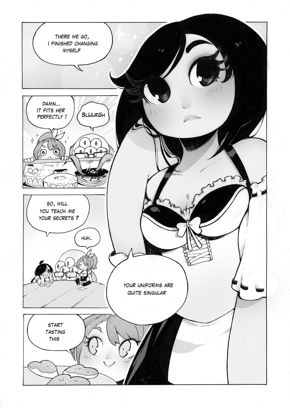 2girls black_and_white comic comic_page hourglass_figure hse medium_breasts original_character original_characters plant short_hair soft_shading tentacle text