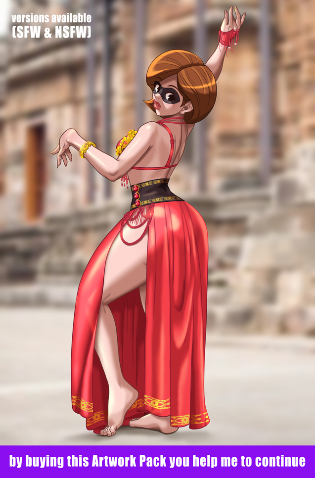 belly_dancer belly_dancer_outfit brown_eyes brown_hair dancer dancer_outfit dancing disney elastigirl harem_girl harem_outfit helen_parr mask medium_hair milf pixar sarong smooth_skin superheroine the_incredibles thick_thighs voluptuous xkorner