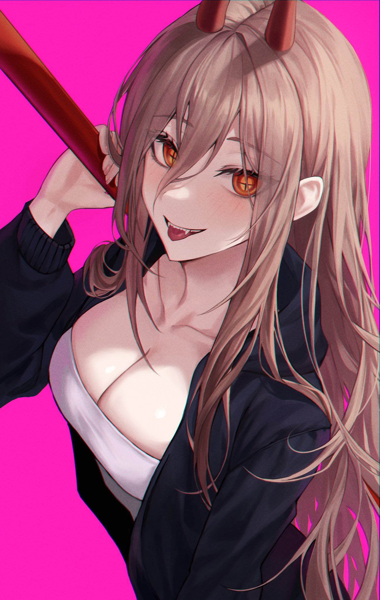 artist request, big breasts, blonde hair, breasts, chainsaw man, cleavage, female, high-angle view, power (chainsaw man), shounen jump, smile