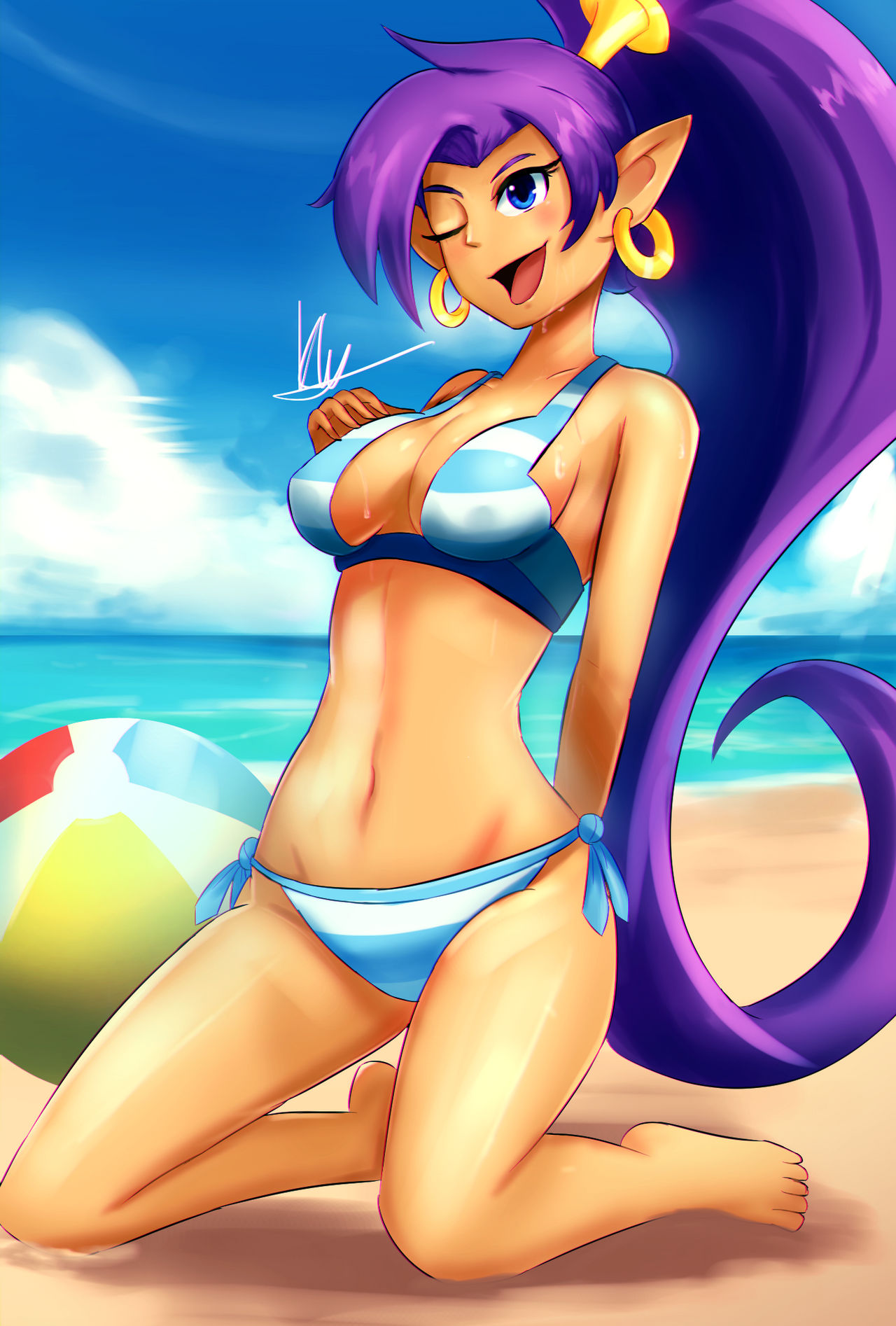 1girls ball beach beachball big_breasts bikini blue_eyes breasts busty cleavage feet female female_only hand_on_own_chest highres kneeling large_breasts legs navel ocean one_eye_closed open_mouth pointy_ears ponytail purple_hair shantae shantae_(character) smile smooth_skin solo sweat swimsuit thighs water