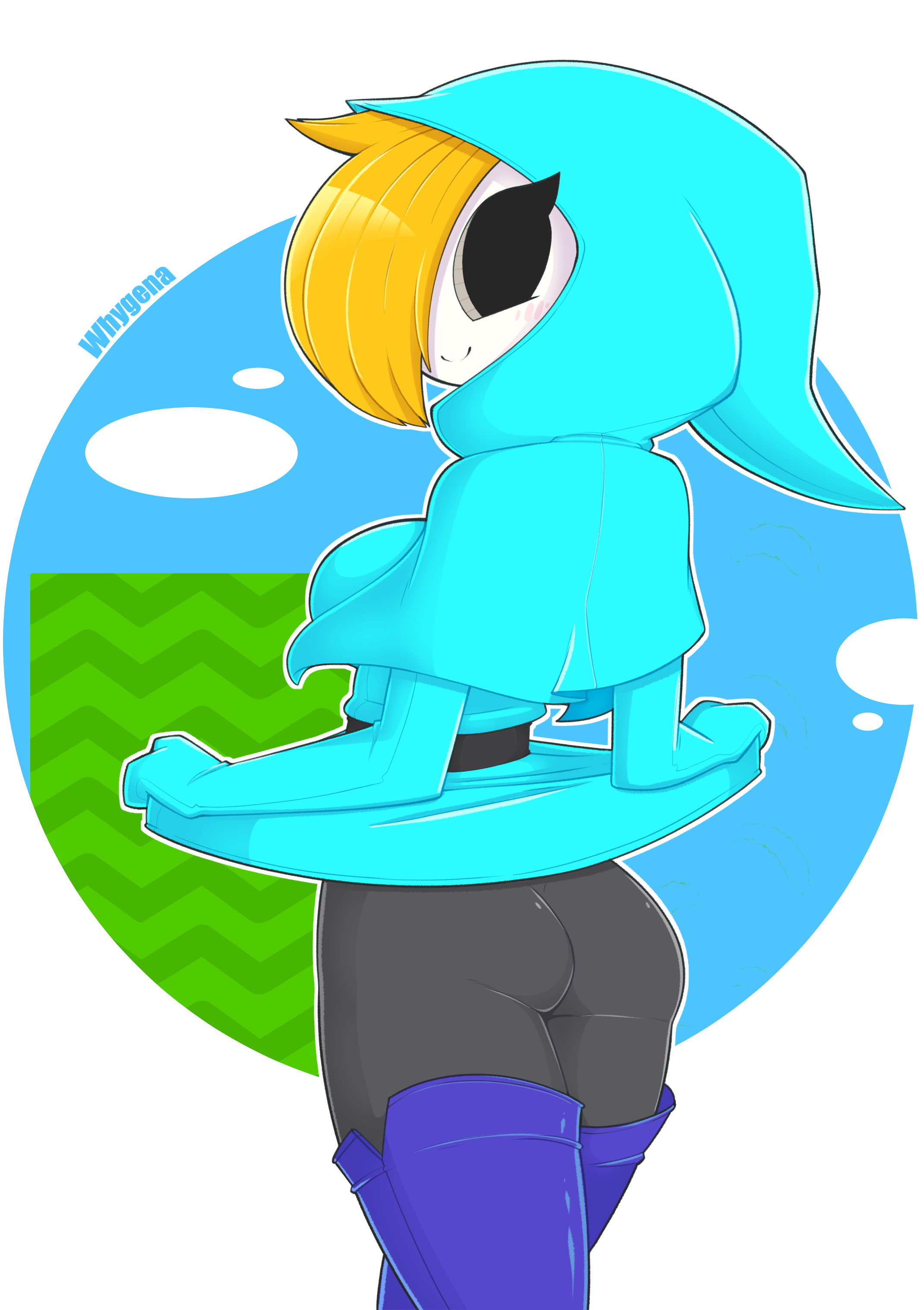1girls, 2019, ass, belt, blonde hair, blush, color, digital media (artwork), female, flashing, hood, hoodie, legwear, mario (series), nintendo, one eye obstructed, shy gal, simple background, skirt lift, smile, super mario bros. 2, whygena, yellow hair