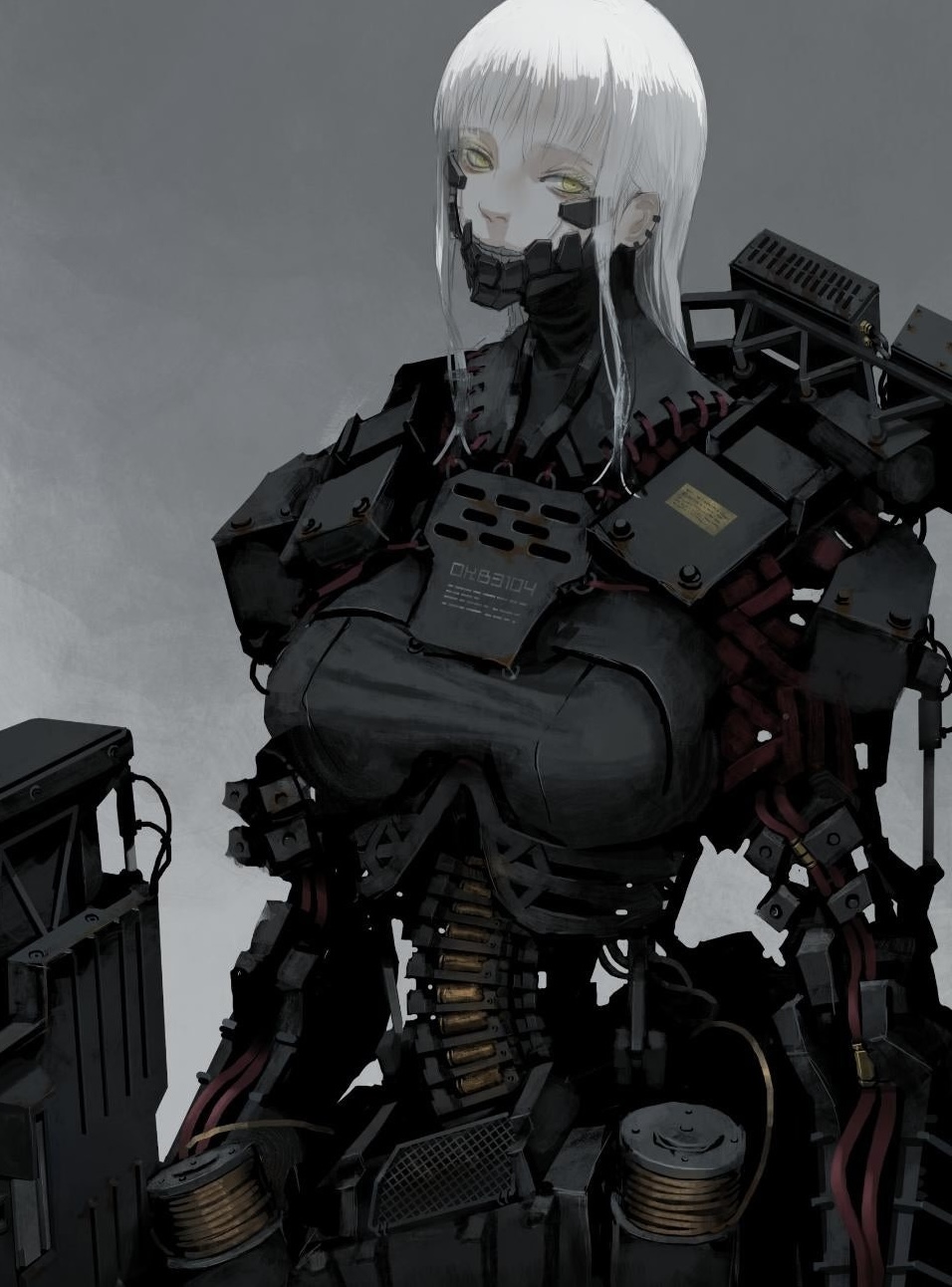 adam smasher, cd projekt red, cyberpunk 2077, cyborg, doa3104, ear piercing, earrings, female, robot girl, rule 63, solo, tagme, white hair, yellow eyes