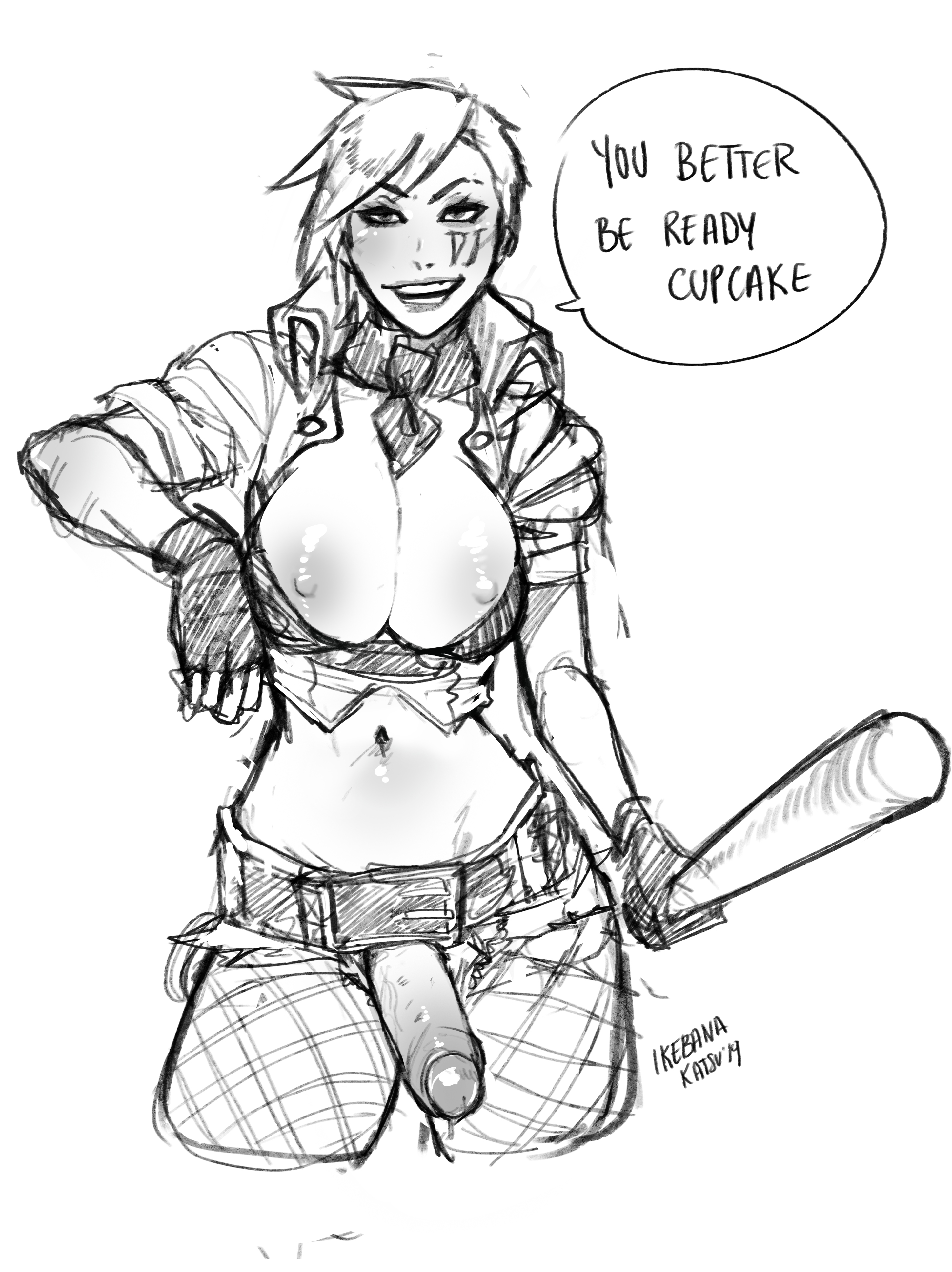1futa, areolae, big breasts, big penis, breasts, clothed, clothing, dialogue, erection, female, foreskin, futa only, futadom, futanari, human, ikebanakatsu, intersex, league of legends, monochrome, nipples, partially clothed, partially retracted foreskin, penis, retracted foreskin, short hair, sketch, solo, solo futa, standing, text, tomboy, uncircumcised, uncut, vi