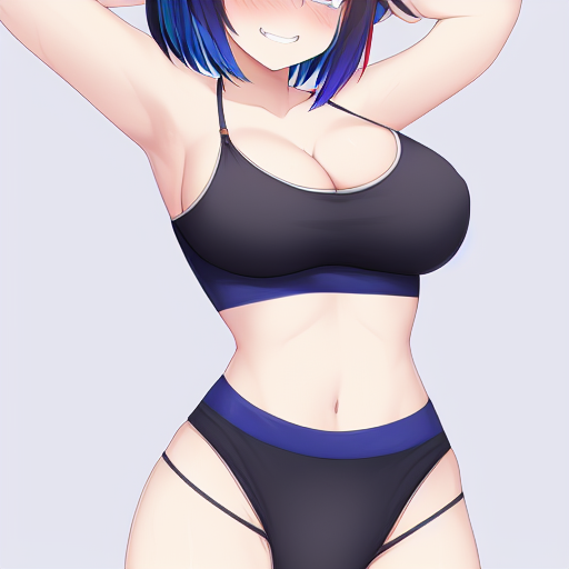 ai_generated armpits arms_behind_head arms_up ass_visible_through_thighs assofgoddess bangs bare_shoulders black_bra black_hair black_panties blue_eyes blue_hair blush bra breasts buruma cleavage collarbone colored_inner_hair cowboy_shot eyebrows_visible_through_hair female gradient gradient_background grey_background grin groin large_breasts looking_at_viewer midriff multicolored_hair navel nose_blush original original_character panties short_hair smile solo sports_bra stomach streaked_hair teeth thighs two-tone_hair underwear