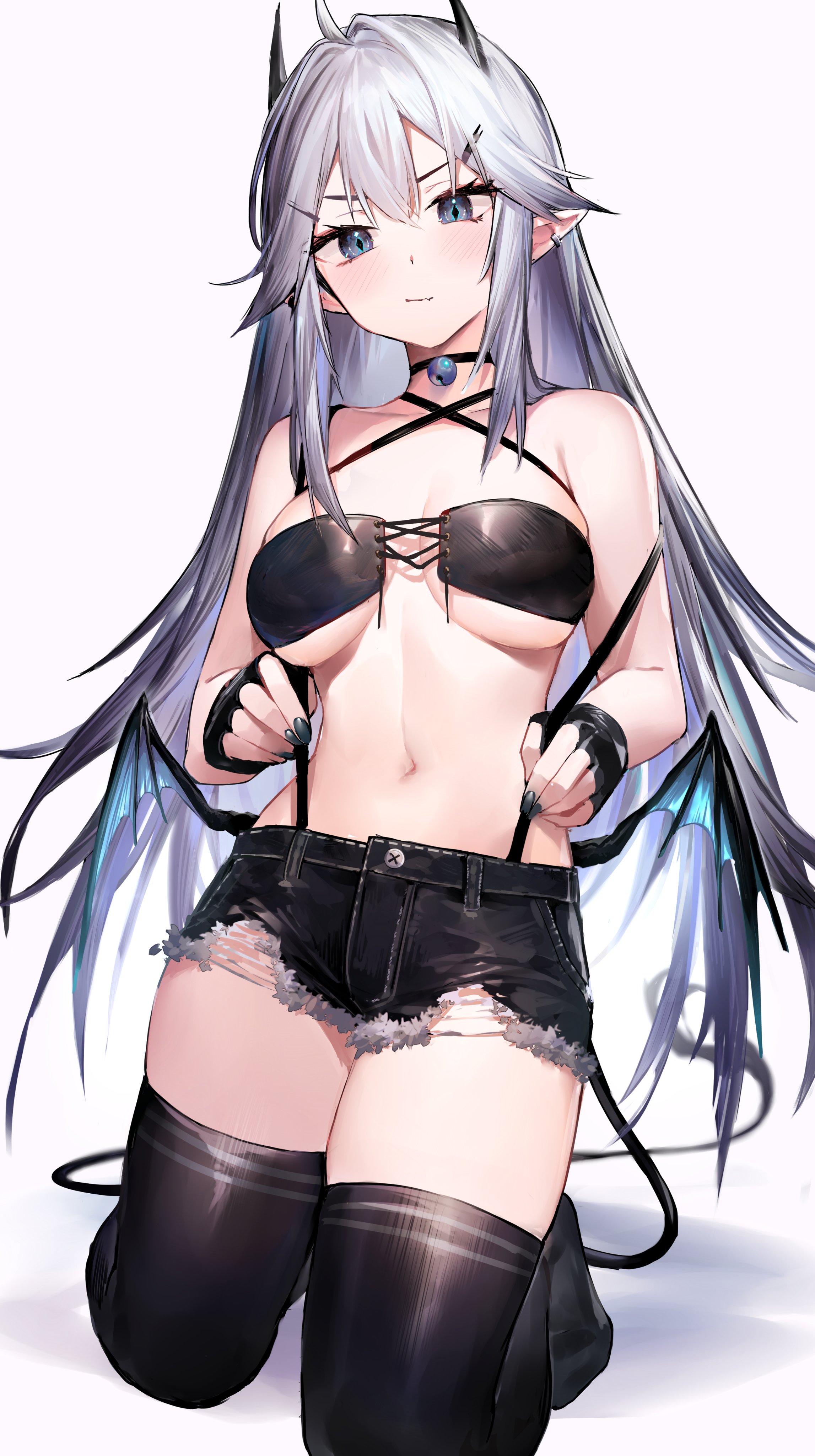 bell collar, black nails, black shorts, booty shorts, clothed, collar, demon, ear piercing, elf ears, female, female focus, female only, fingerless gloves, horns, long hair, looking at viewer, neonbeat, on knees, painted nails, pointy ears, ripped shorts, short shorts, silver hair, small wings, solo, solo female, solo focus, succubus, tagme, thighhighs, veibae, virtual youtuber, vshojo, wings, zettai ryouiki
