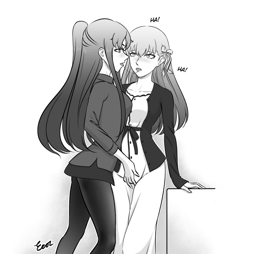 2girls after_kiss bow_in_hair breasts buisness_suit clothed_female eros fate/stay_night fate_(series) fingering fingering_through_clothes incest kissing leaning long_hair looking_at_partner matou_sakura medium_breasts monochrome office_lady pantsuit ponytail saliva_string siblings sisters standing tohsaka_rin yuri