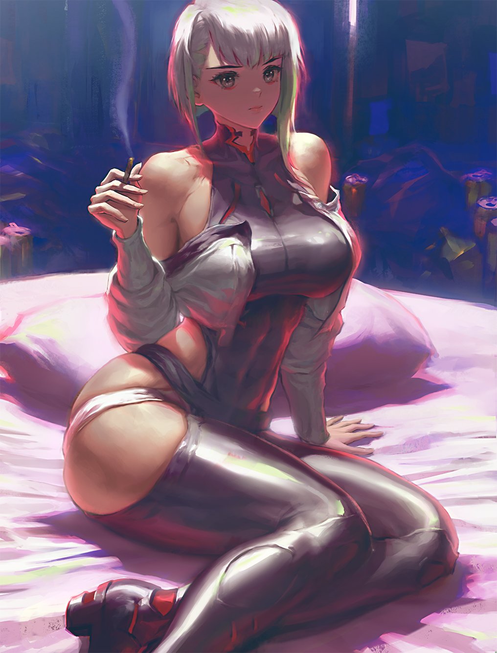 1girls, alternate body type, asian, asian female, ass, big ass, big breasts, breasts, busty, cd projekt red, cybernetics, cyberpunk 2077, cyberpunk: edgerunners, cyborg, female, female only, infi mt, leotard, light skin, light-skinned female, lucyna kushinada, netflix, nude, painting (artwork), short hair, studio trigger, voluptuous, white hair