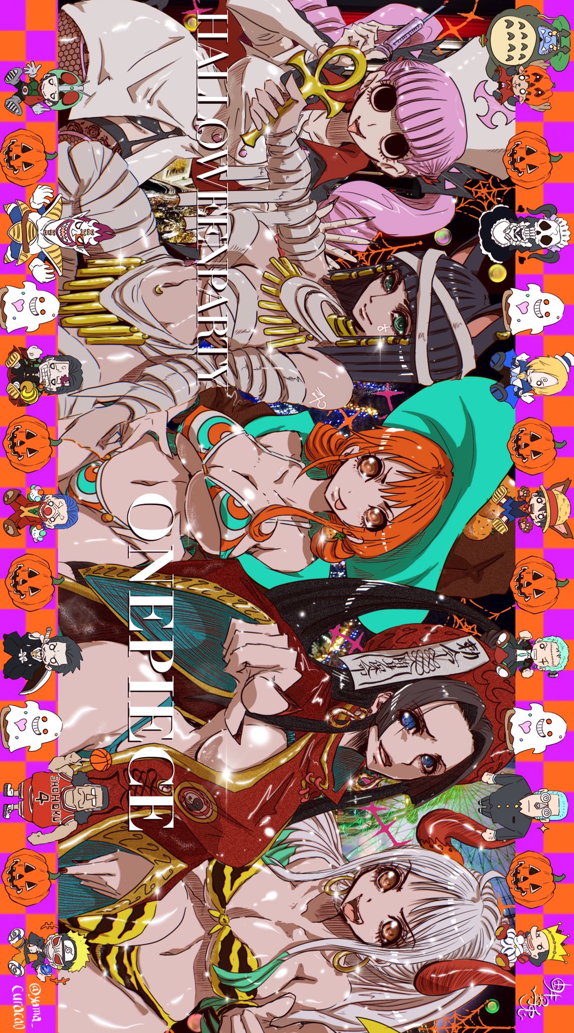 5girls, belly button, big breasts, bikini, black hair, boa hancock, breasts, busty, cleavage, curvy, earrings, female, female only, halloween, halloween costume, hat, horns, jewelry, long hair, mummy, mummy costume, nami (one piece), necklace, nico robin, nurse uniform, one piece, orange hair, perona, pink hair, post-timeskip, pre-timeskip, sideboob, thong, tiger print, time paradox, toned, toned stomach, two-tone hair, white hair, wide hips, yama curacao, yamato (one piece)