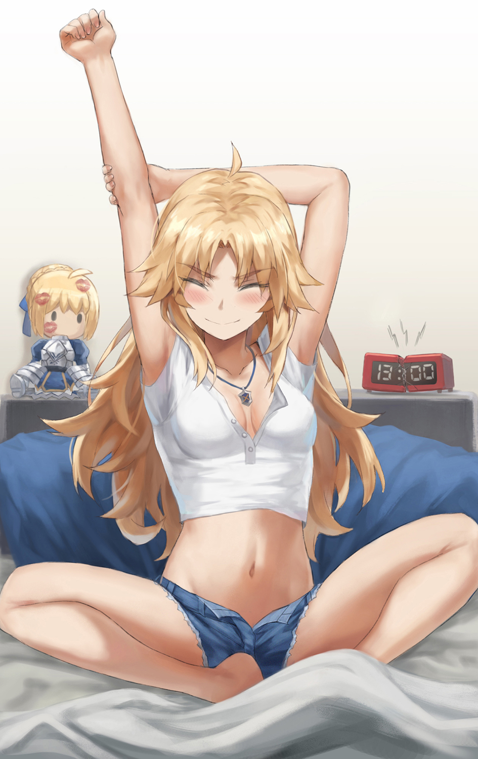 1girls ahoge alarm_clock alternate_hairstyle armpits arms_up artoria_pendragon bangs barefoot bed bedroom blonde blonde_eyebrows blonde_female blonde_hair blonde_hair_female blush blush_lines breasts breasts_apart cleavage clock closed_eyes closed_mouth collarbone crop_top denim denim_shorts fate/apocrypha fate/grand_order fate/stay_night fate_(series) female female_focus female_only full_body jewelry light-skinned_female light_skin lipstick_mark long_hair midriff mordred_(fate) mordred_(fate/apocrypha) navel necklace no_bra no_bra_under_clothes only_female parted_bangs saber shirt short_shorts short_sleeves shorts sidelocks sitting sitting_on_bed small_breasts solo solo_female stretching stuffed_toy tonee unbuttoned_shorts underwear waking_up white_shirt yawn yawning