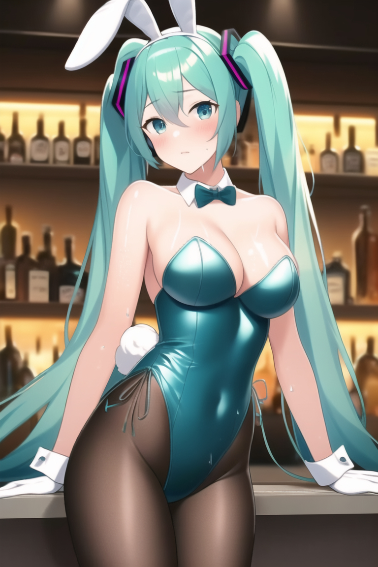 1girl, 1girls, ai generated, animal ears, aqua bow, aqua eyes, aqua hair, bangs, bare shoulders, beer bottle, black pantyhose, blue eyes, blue leotard, blush, bottle, bow, bowtie, breasts, bunny ears, bunny girl, bunnysuit, casino, cleavage, closed mouth, clothed, clothing, covered navel, cowboy shot, detached collar, fake animal ears, fake tail, female, female only, gloves, hair, hair between eyes, hair ornament, hatsune miku, highleg, highleg leotard, hourglass figure, indoors, large breasts, legwear, leotard, long hair, looking at viewer, medium breasts, nai diffusion, pantyhose, playboy bunny, rabbit ears, rabbit tail, shiny, shiny clothes, side-tie bikini, side-tie leotard, solo, stable diffusion, strapless, strapless leotard, sweat, tail, thick thighs, thong, twintails, very long hair, vocaloid, white gloves, wide hips, wrist cuffs