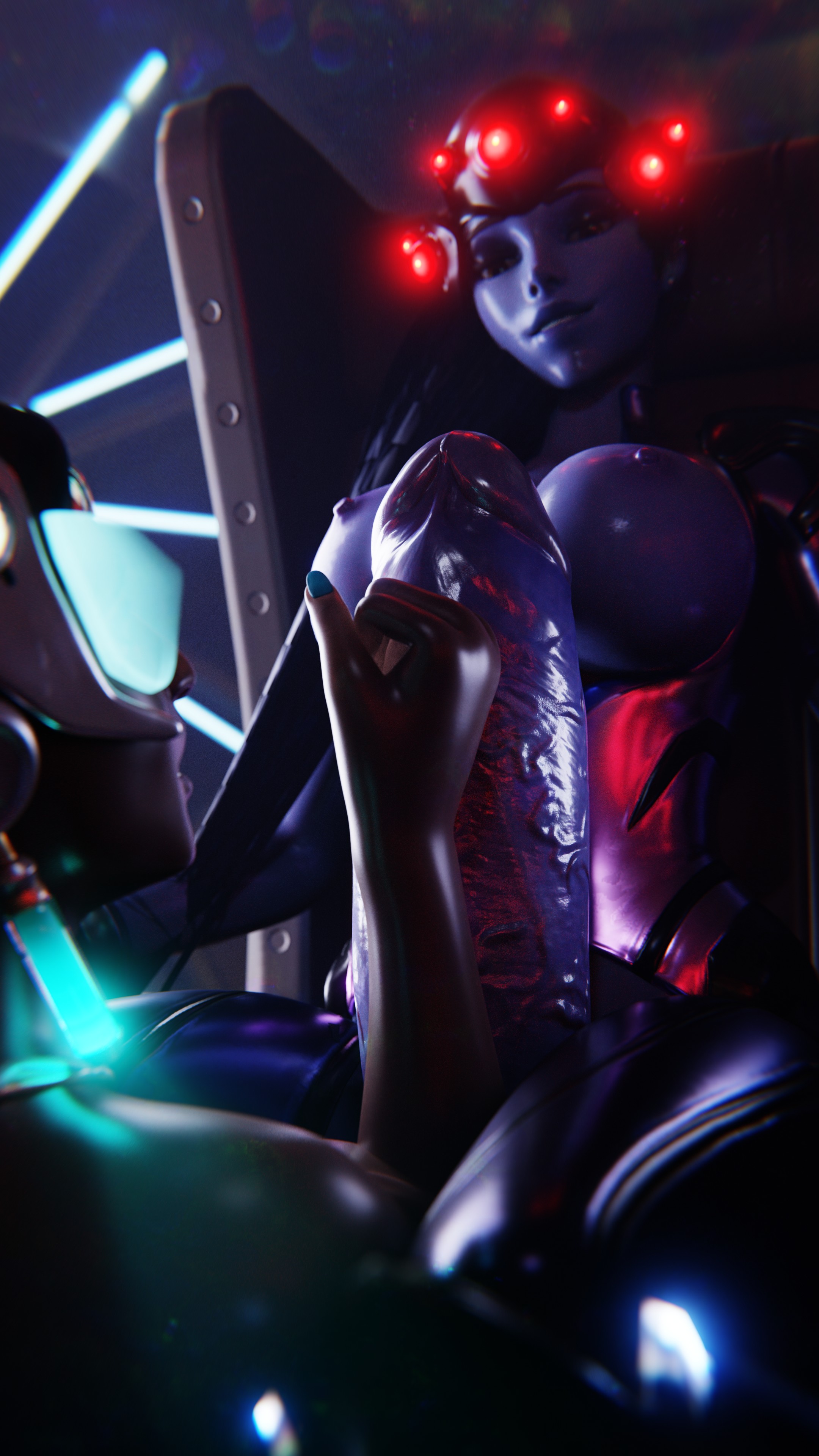 1futa, 1girls, 3d, balls, blue-tinted eyewear, female, futa on female, futanari, huge cock, interracial, intersex, large penis, overwatch, penis, scrappy-coco, self upload, symmetra, tinted eyewear, visor, widowmaker
