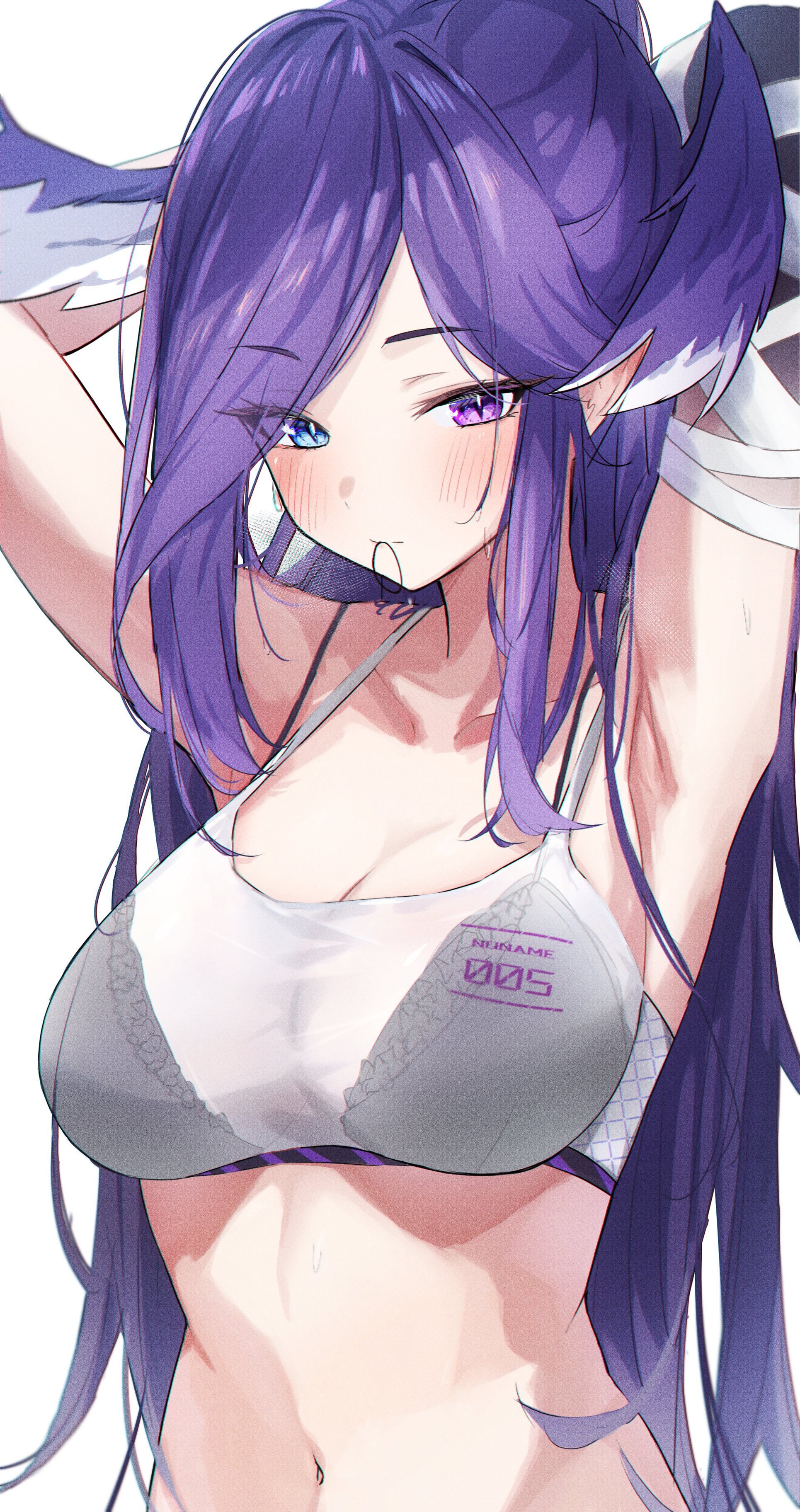 1girls, armpits, arms behind back, arms behind head, bandage, bandaged arm, belly button, big breasts, blush lines, bra, breasts, cleavage, dragon girl, female, hair wings, head wings, heterochromia, large breasts, navel, nijisanji, nijisanji en, ponytail, purple hair, ruru nnnn, see-through, see-through clothing, selen tatsuki, solo, solo female, solo focus, sports bra, virtual youtuber