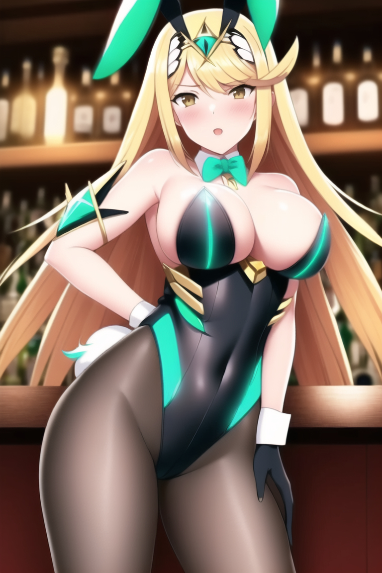 ai generated, beer bottle, blonde hair, blurry background, breasts, bunny ears, bunny girl, casino, curvaceous, curvy, curvy female, curvy figure, detached collar, fake animal ears, fake tail, female, gloves, hand on hip, highleg leotard, hourglass figure, indoors, jewelry, latex, leotard, long hair, looking at viewer, mole on breast, mythra, nai diffusion, nervous, nintendo, playboy bunny, playboy bunny leotard, stable diffusion, strapless leotard, voluptuous, white leotard, wide hips, xenoblade (series), xenoblade chronicles 2
