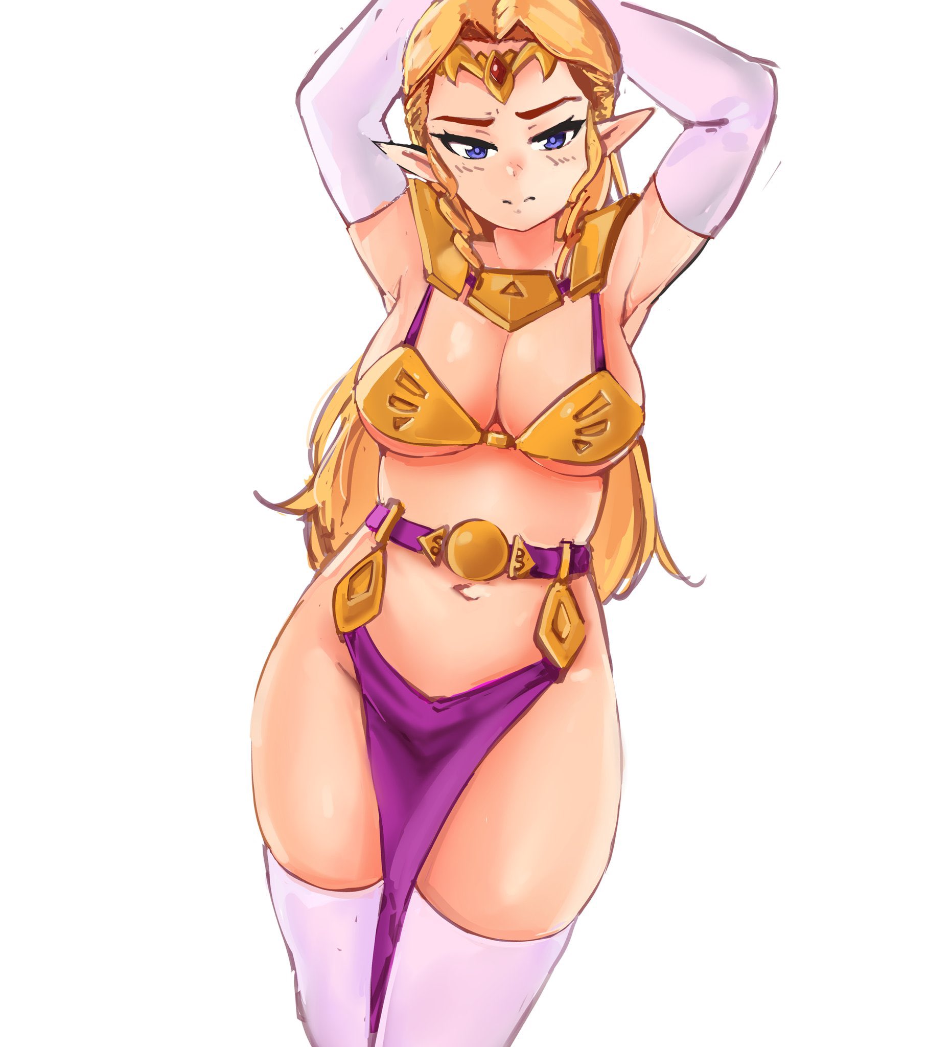 1girls, armpits, arms up, belly dancer, belly dancer outfit, blonde hair, blue eyes, blush, breasts, cleavage, female, female only, harem outfit, hylian, hylian ears, large breasts, loincloth, long gloves, looking at viewer, metal bikini, ocarina of time, pointy ears, princess zelda, royalty, the legend of zelda, thick thighs, yotahen, zelda (ocarina of time)