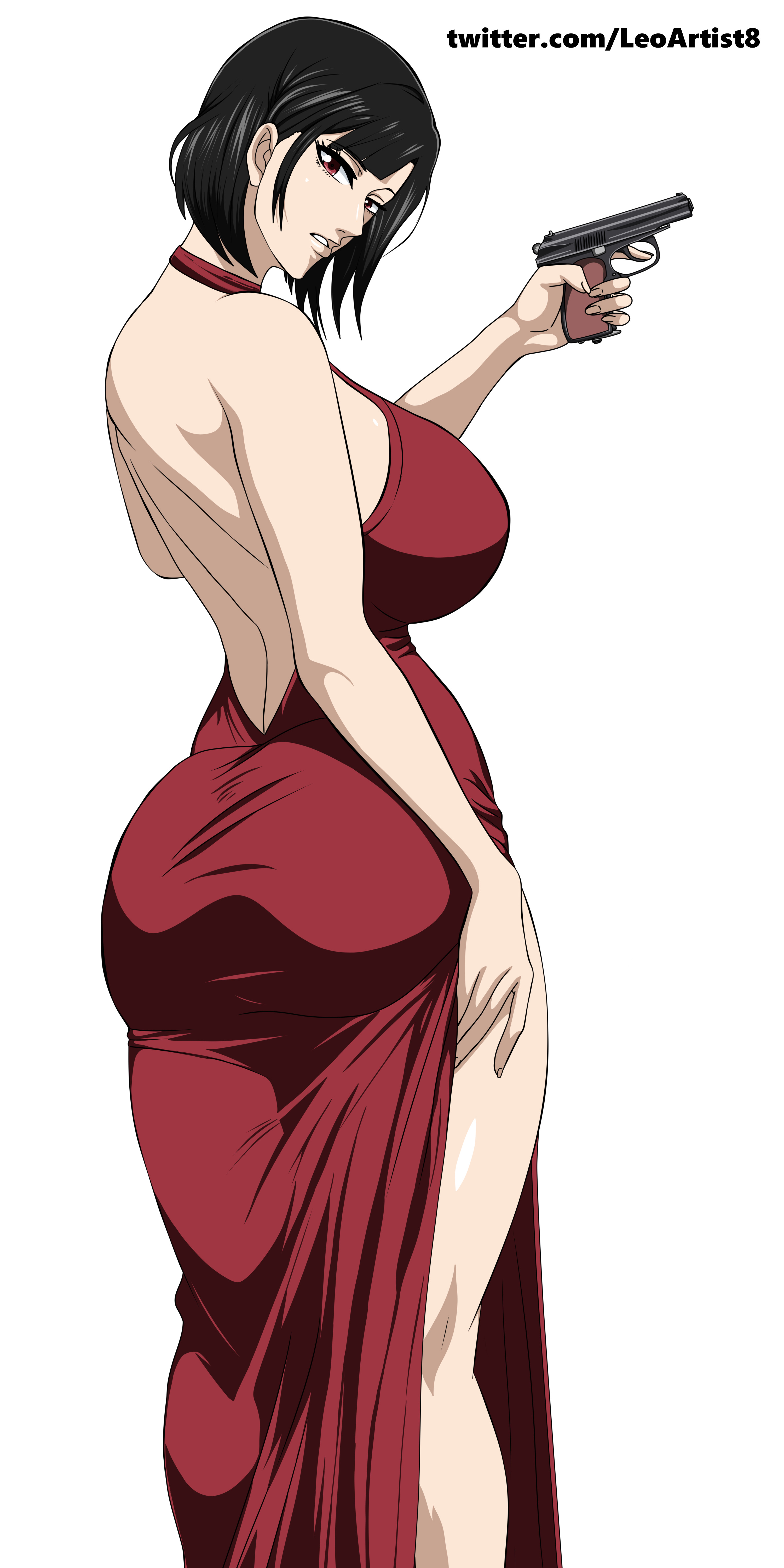 1girls, ada wong, ada wong (caroline ribeiro), ass, back view, big ass, big breasts, big butt, breasts, capcom, clothing, dress, female, female only, firearm, fully clothed, gun, handgun, holding gun, human, leoartist8, looking at viewer, pale skin, resident evil, resident evil 4, solo, weapon