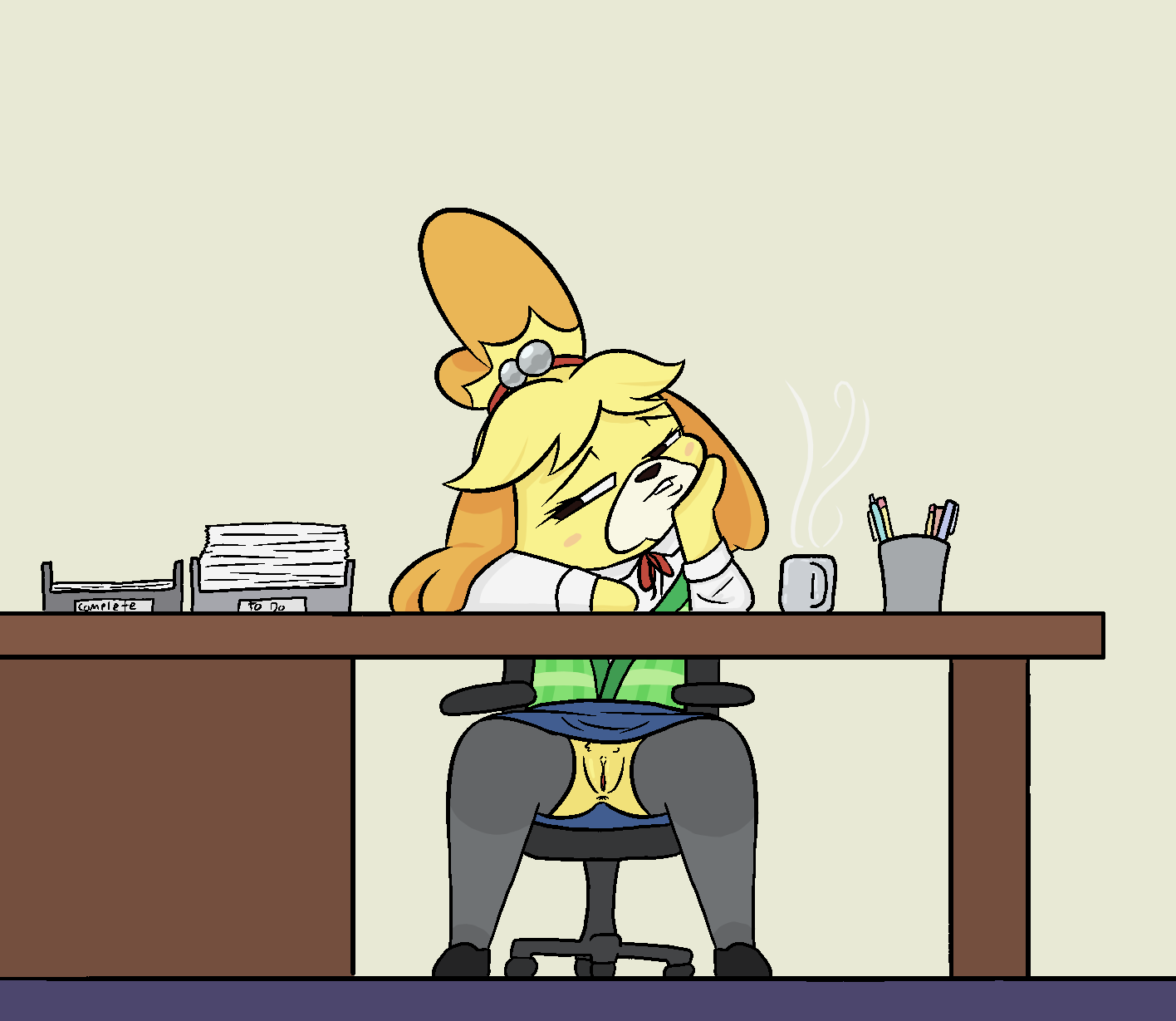 2d accessory animal_crossing anthro anus bored bottomwear canid canine canis chair clitoral_hood clothed clothing collared_shirt desk domestic_dog female footwear fur furniture genitals hair_accessory hand_on_cheek happy_harvey hi_res isabelle_(animal_crossing) legwear looking_away mammal mug nintendo no_underwear office office_chair office_lady paper pen pencil_(object) phone_drawing pussy shirt shoes skirt solo table thigh_highs tired topwear uncensored upskirt vest video_games yellow_body yellow_fur