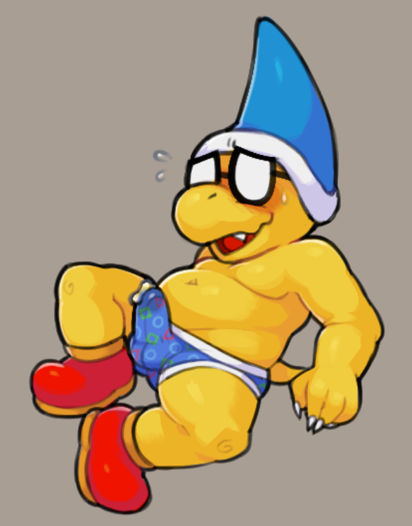 anthro blush bodily_fluids bulge clothing eyewear footwear genital_fluids glasses hat headgear headwear kamek koopa male male_only mario_(series) musclegut nintendo precum precum_through_clothing scalie shoes solo sweat sweatdrop tenting underwear video_games vymbiosis wet wet_clothing yellow_body