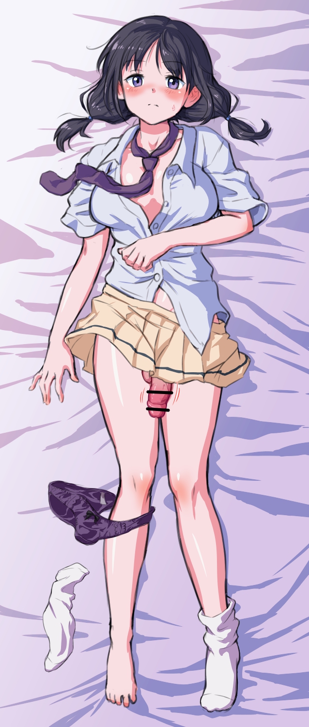 bar_censor bed black_hair blush breasts censored clothed clothing collared_shirt dakimakura flaccid from_above futa_only futanari good_sleepy gussuripii high-angle_view human l1futa large_breasts laying_on_bed light-skinned_futanari light_skin looking_at_viewer lying medium_penis miniskirt mostly_clothed necktie on_back on_bed open_shirt panties_around_leg panties_down penis pleated_skirt purple_eyes purple_necktie purple_panties school_uniform schoolgirl shirt skirt socks solo sweatdrop tamura_yuri testicles unbuttoned watashi_ga_motenai_no_wa_dou_kangaetemo_omaera_ga_warui! white_shirt yellow_skirt