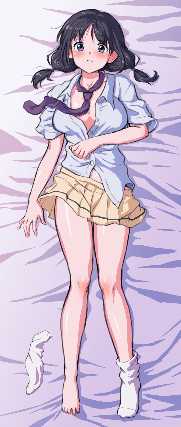 1girls anklehighs bed black_hair blush breasts collared_shirt dakimakura female female_only from_above good_sleepy gussuripii large_breasts laying_on_bed looking_at_viewer loose_socks lying miniskirt necktie on_back on_bed open_shirt pleated_skirt purple_eyes purple_necktie school_uniform schoolgirl shirt skirt socks solo tamura_yuri unbuttoned watashi_ga_motenai_no_wa_dou_kangaetemo_omaera_ga_warui! white_shirt white_socks yellow_skirt