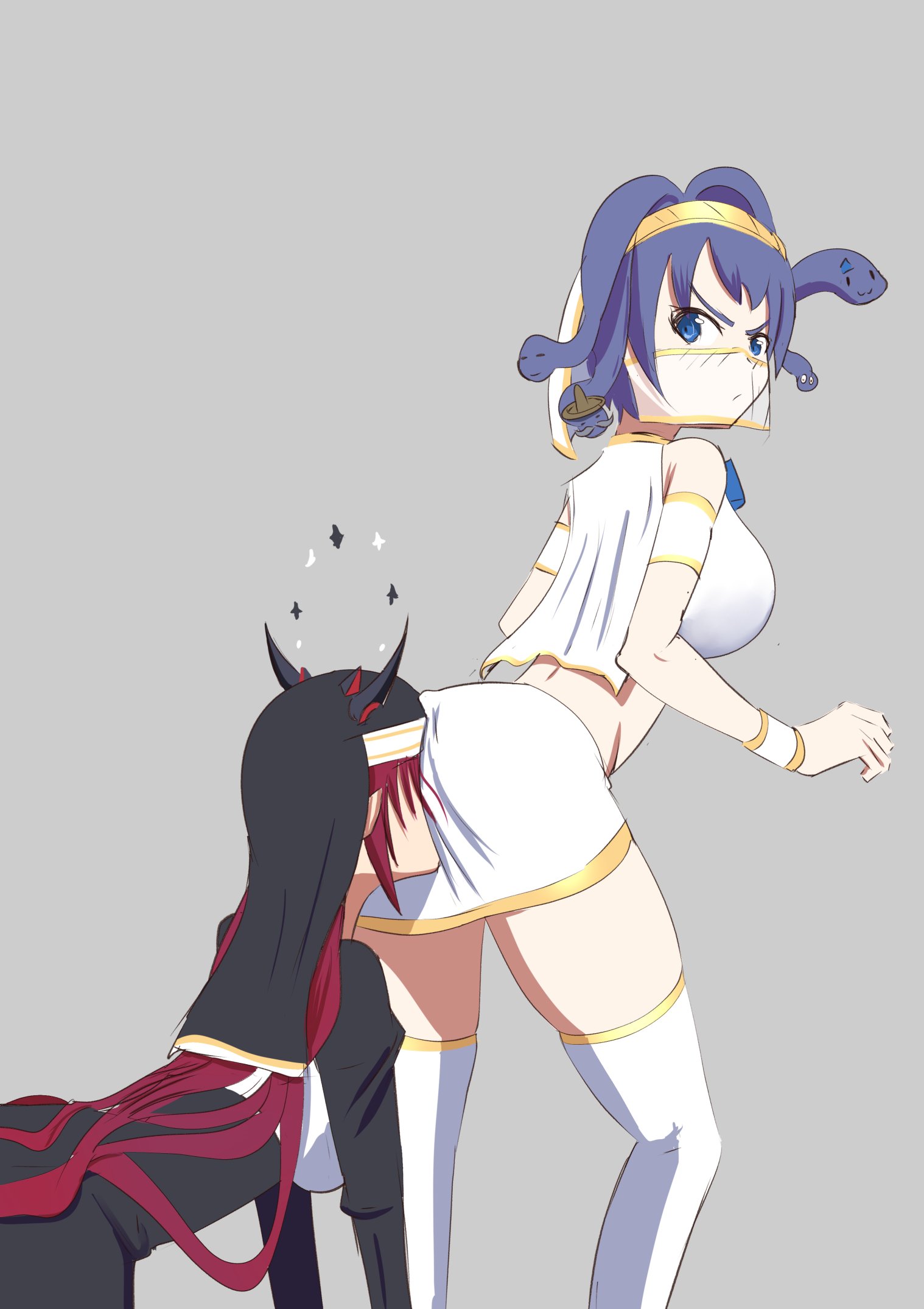 2girls, achama, ass, ass worship, clothed, face in ass, face veil, female, female only, gorgon, halloween costume, hololive, hololive english, hololive english -council-, hololive english -promise-, irys, irys (hololive), nun, ouro kronii, virtual youtuber, yuri