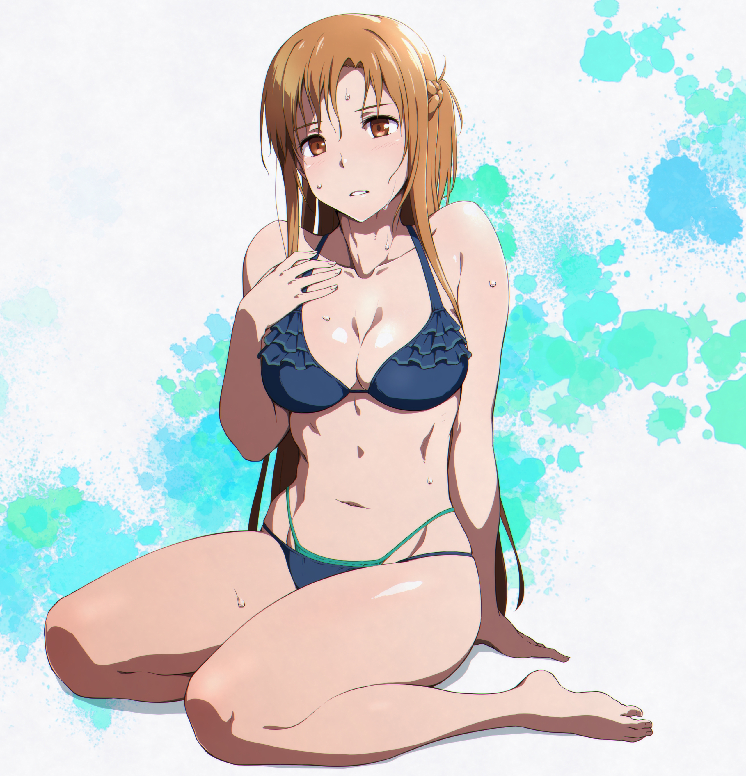 blue bra, blue panties, blue underwear, blush, bra, breasts, brown eyes, brown hair, female, large breasts, long hair, open mouth, pantsu, puge, smile, sword art online, underwear, yuuki asuna
